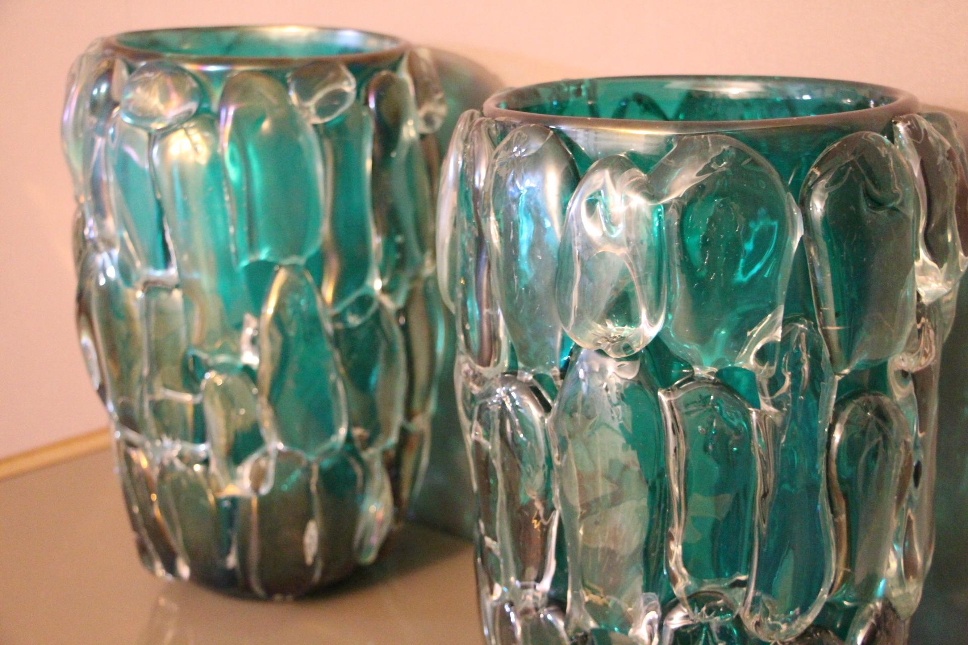 Pair of Large Emerald Green Color and Iridescent Murano Glass Vases by Cenedese 3