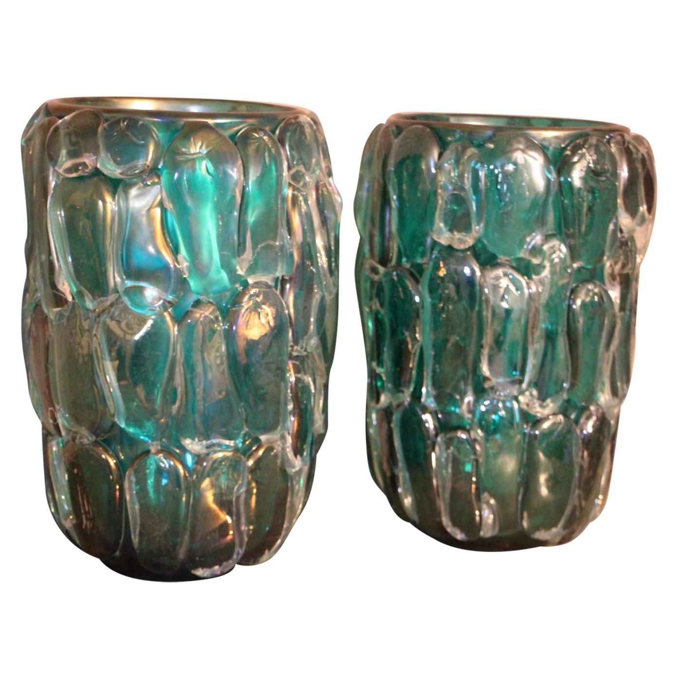 Pair of Large Emerald Green Color and Iridescent Murano Glass Vases by Cenedese