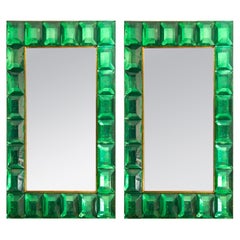 Pair of Large Emerald Green Diamond Murano Glass Mirror, in Stock