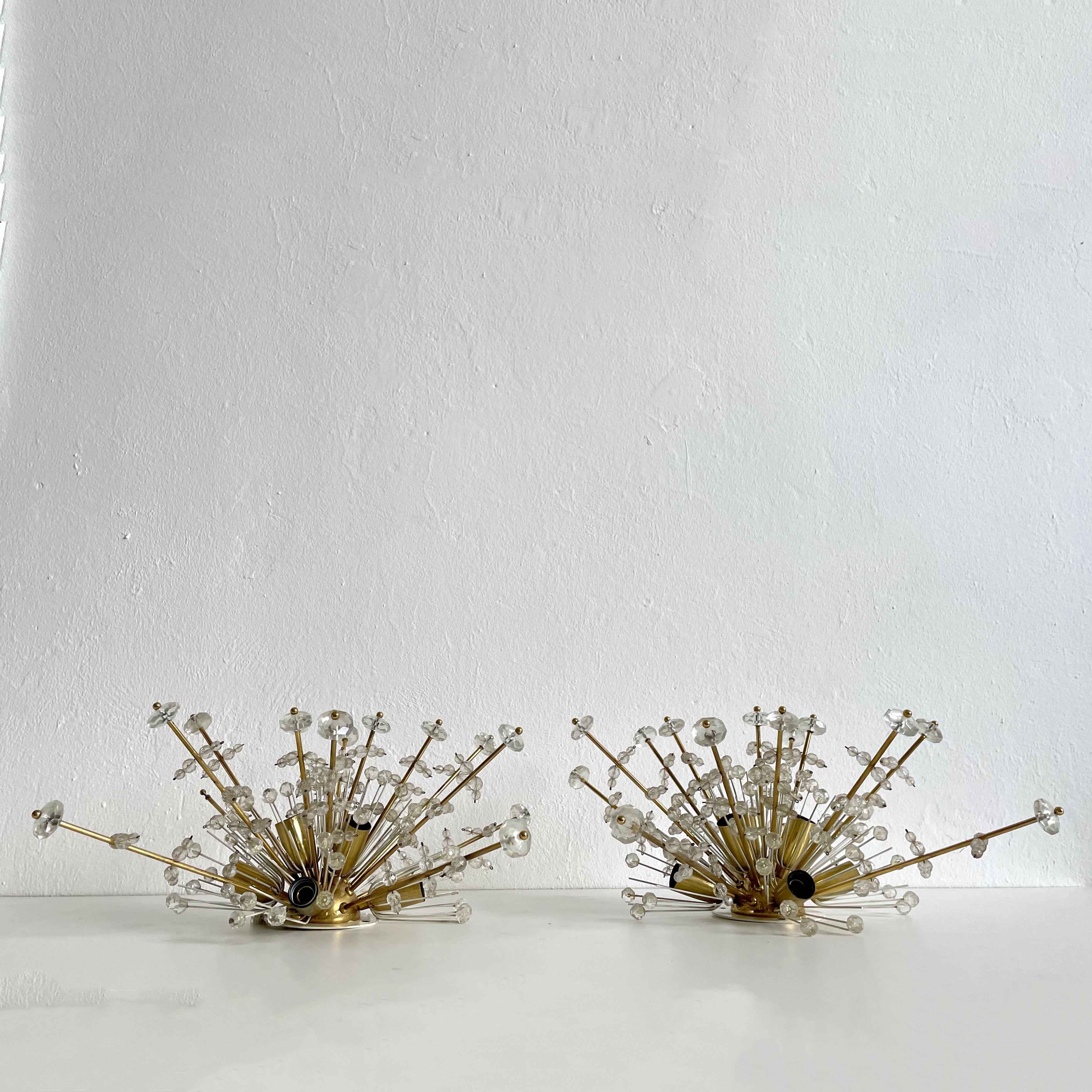 Pair of snowflake crystal flush mount lights designed by Emil Stejnar and produced by Nikoll, Austria 1950s

The lamps have 7 lamp sockets for standard Edison E14 bulbs

Both lamps are in very good original condition and fully functional as