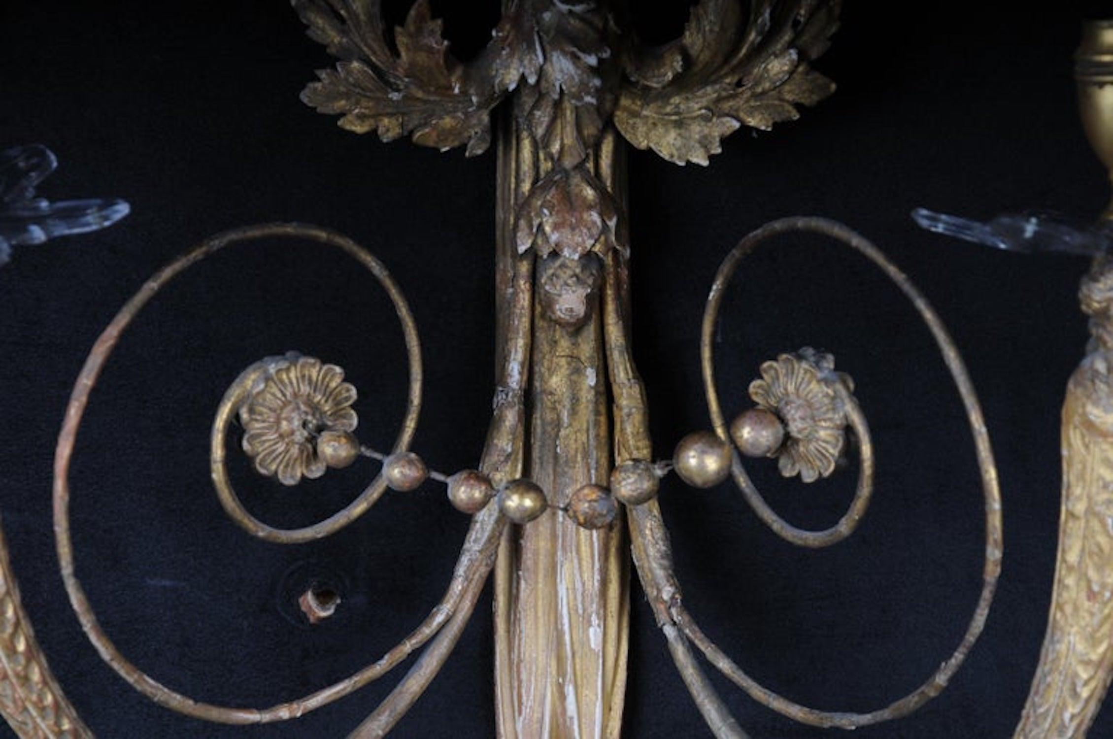 Hand-Carved Pair of Large Empire Appliqués / Sconces circa 1800, Gilded Linden Wood For Sale