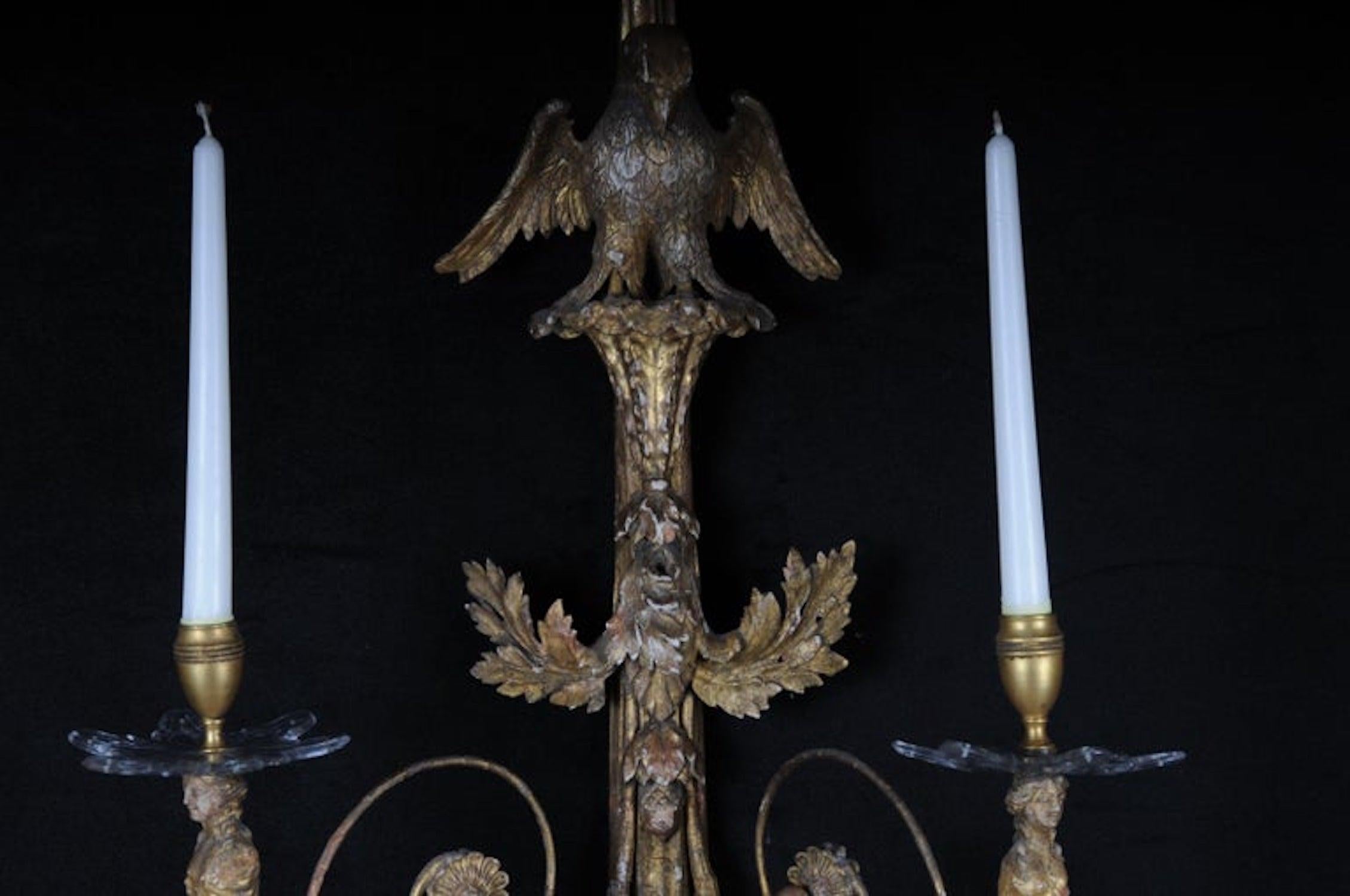 Early 19th Century Pair of Large Empire Appliqués / Sconces circa 1800, Gilded Linden Wood For Sale