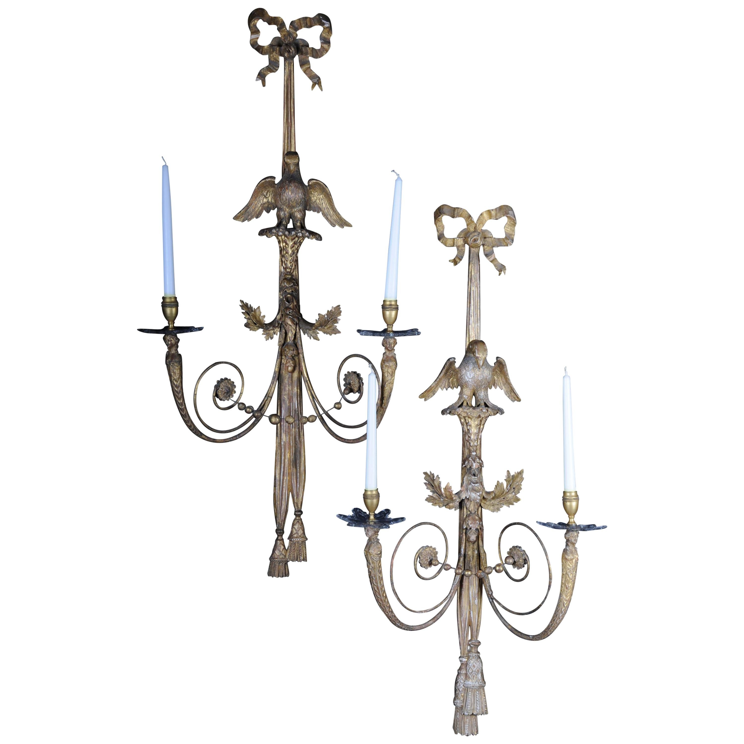 Pair of Large Empire Appliqués / Sconces circa 1800, Gilded Linden Wood For Sale