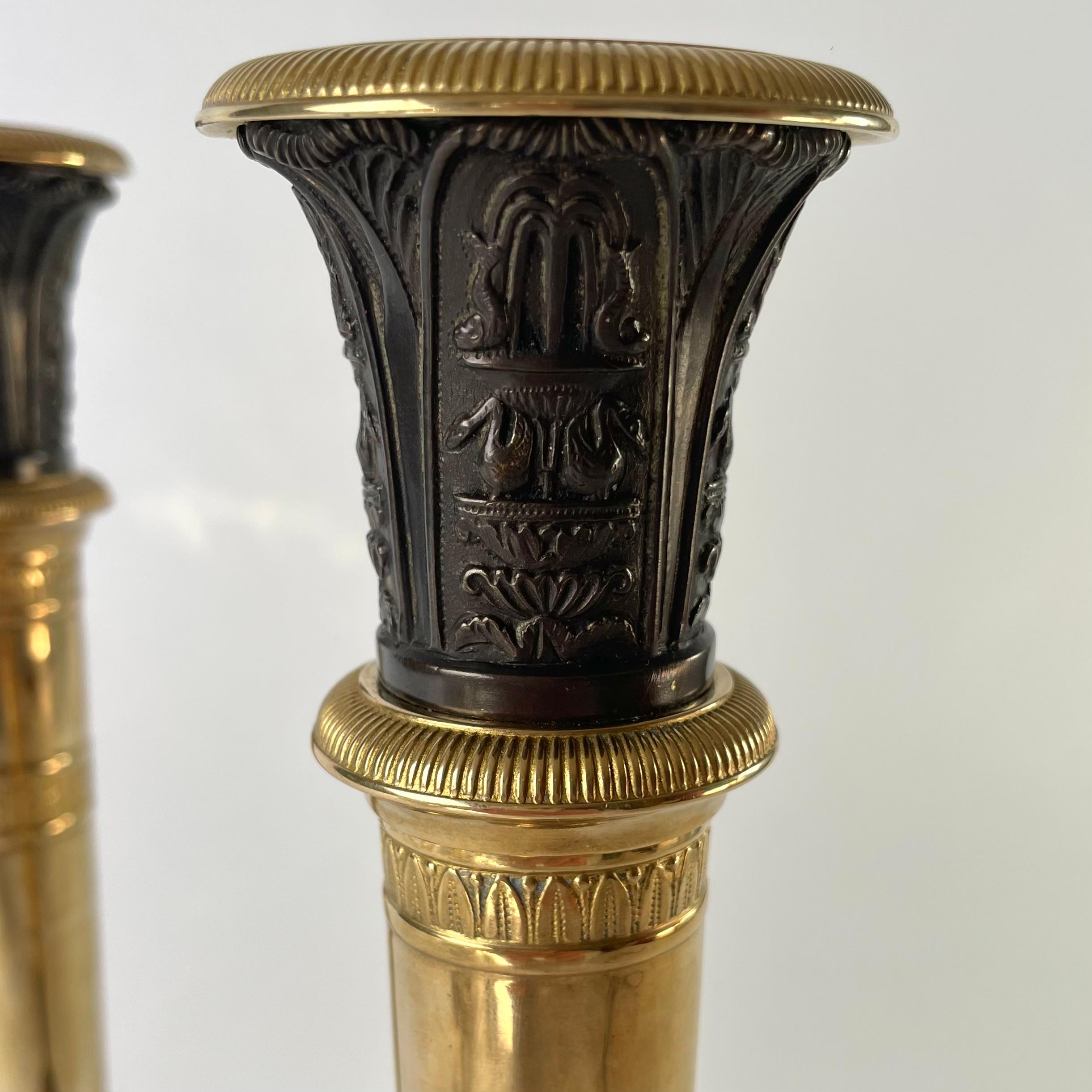 Pair of large Empire Candlesticks, convertible into Candelabra. France 1820s For Sale 1