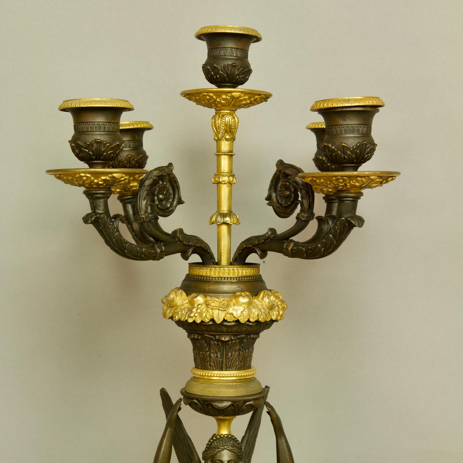 Pair of 19th Century Empire Gilt Bronze and Patinated Bronze Victory Candelabras For Sale 8