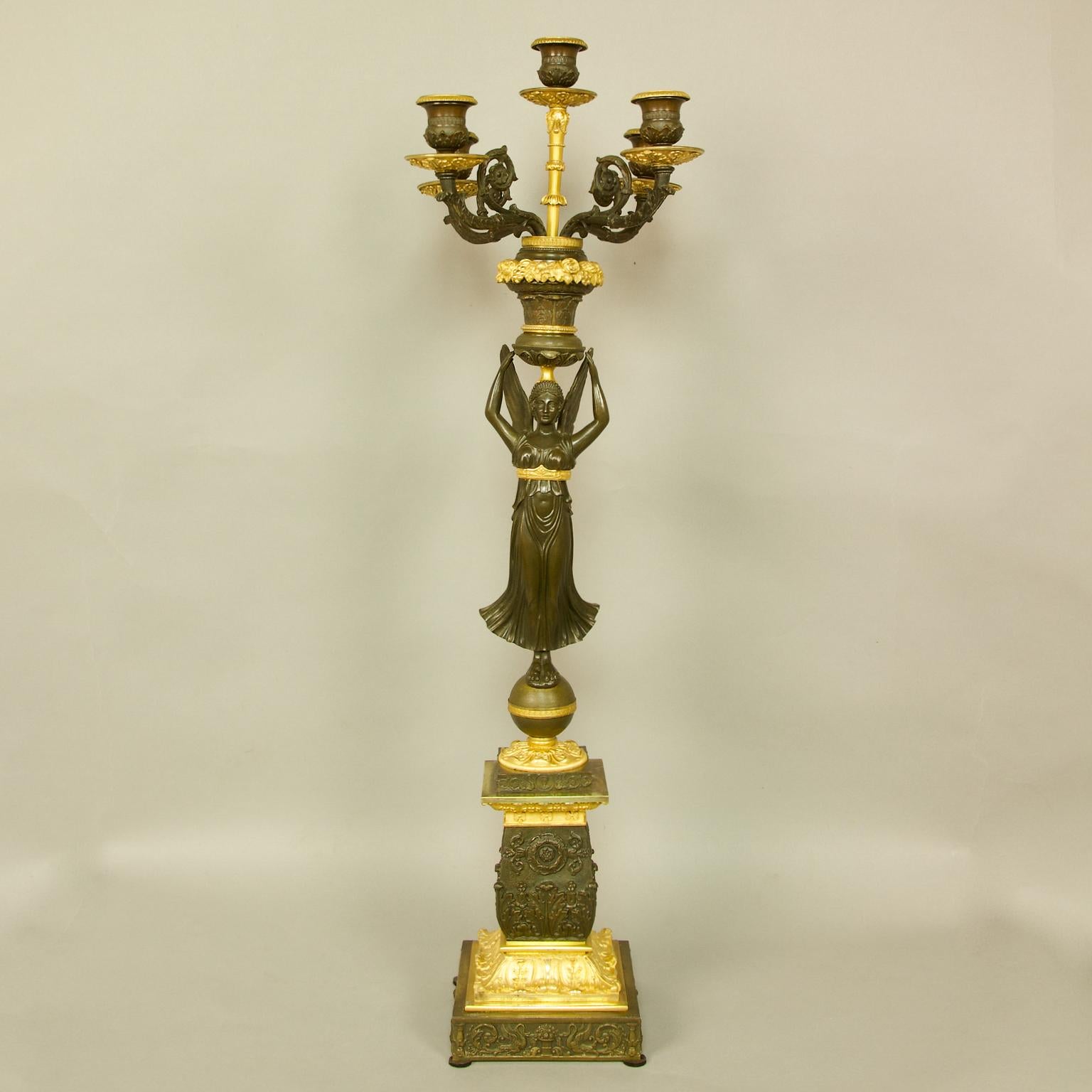 Pair of 19th Century Empire Gilt Bronze and Patinated Bronze Victory Candelabras For Sale 11