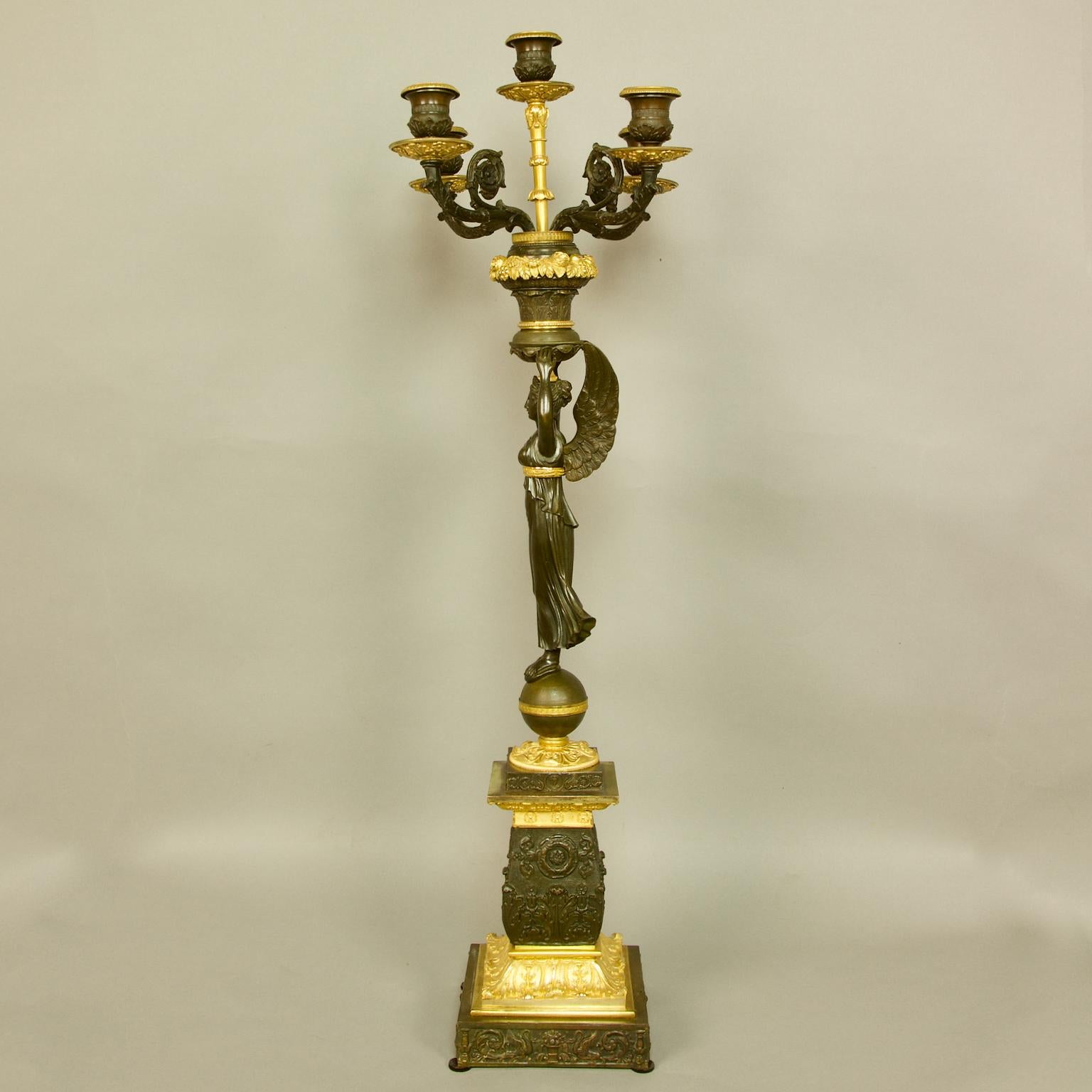 Pair of 19th Century Empire Gilt Bronze and Patinated Bronze Victory Candelabras For Sale 13