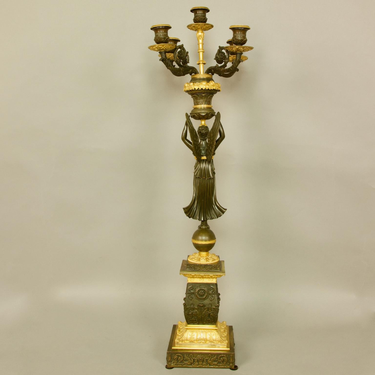 Pair of 19th Century Empire Gilt Bronze and Patinated Bronze Victory Candelabras For Sale 14