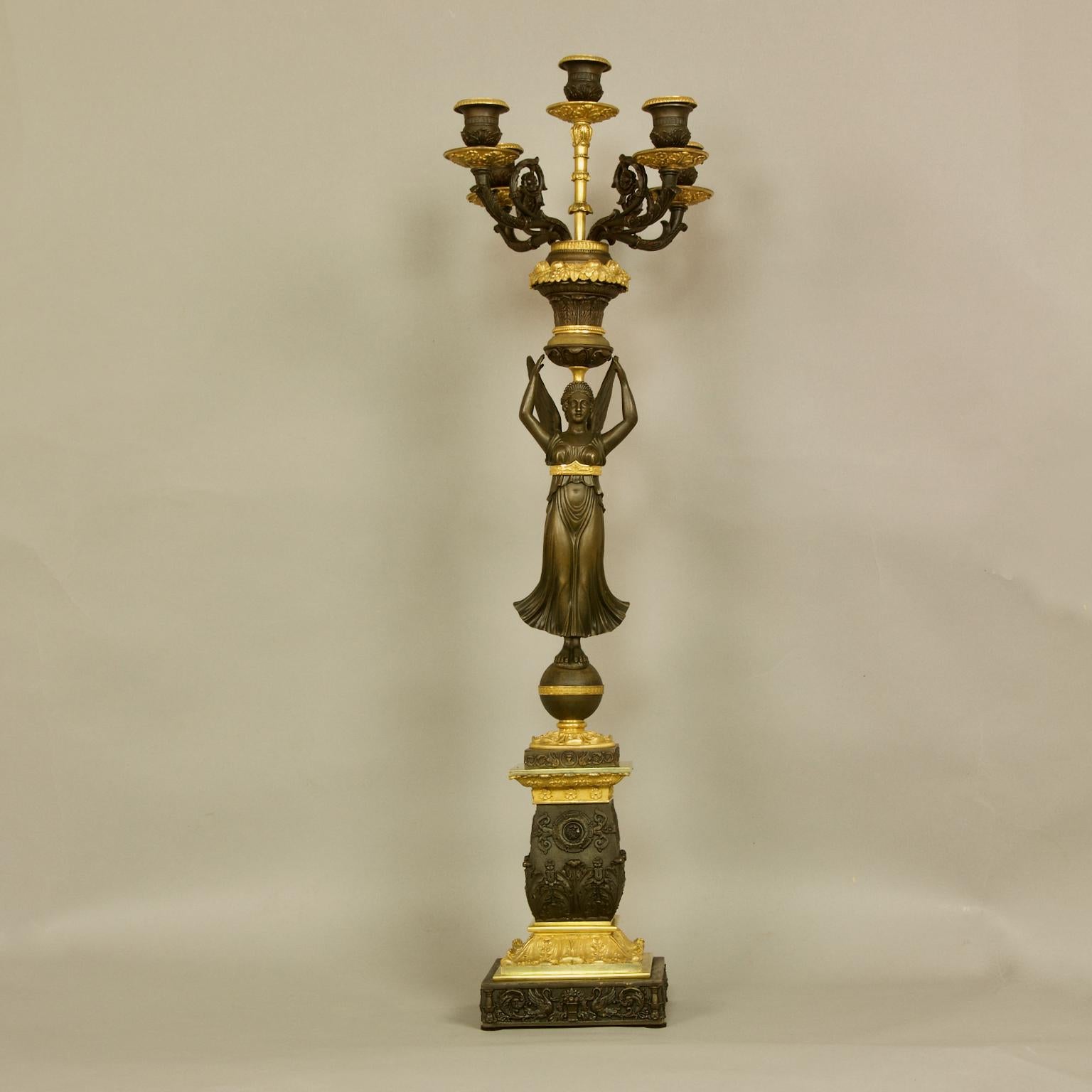 French Pair of 19th Century Empire Gilt Bronze and Patinated Bronze Victory Candelabras For Sale