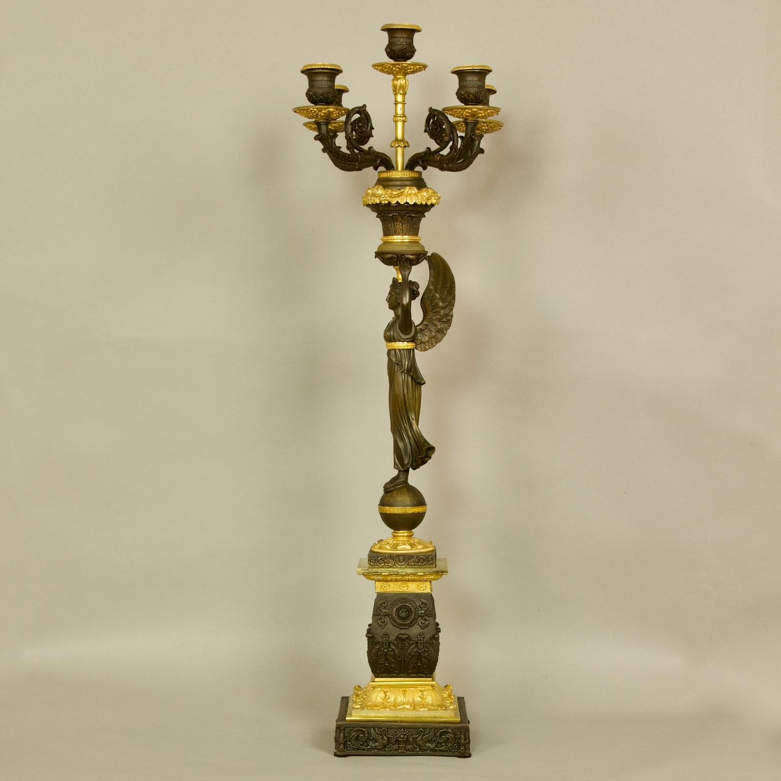 Pair of 19th Century Empire Gilt Bronze and Patinated Bronze Victory Candelabras For Sale 1
