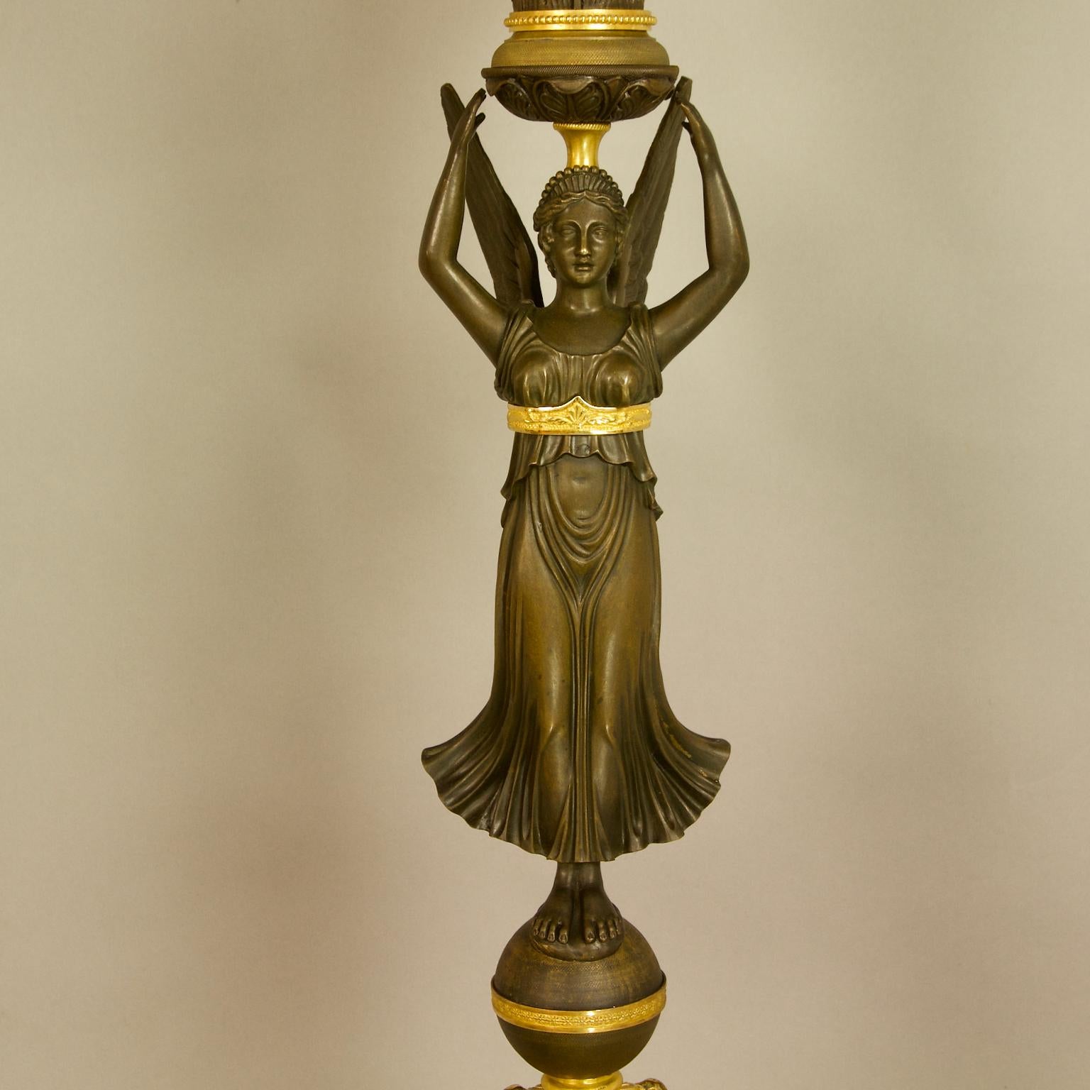 Pair of 19th Century Empire Gilt Bronze and Patinated Bronze Victory Candelabras For Sale 4