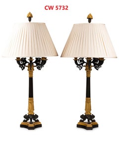 Pair of Large Empire Style Gilt and Patinated Bronze Five-Light Candelabra