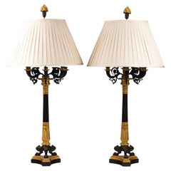 Pair of Large Empire Style Gilt and Patinated Bronze Five-Light Candelabra