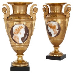 Pair of Large Empire Style Gilt Porcelain and Cameo Vases