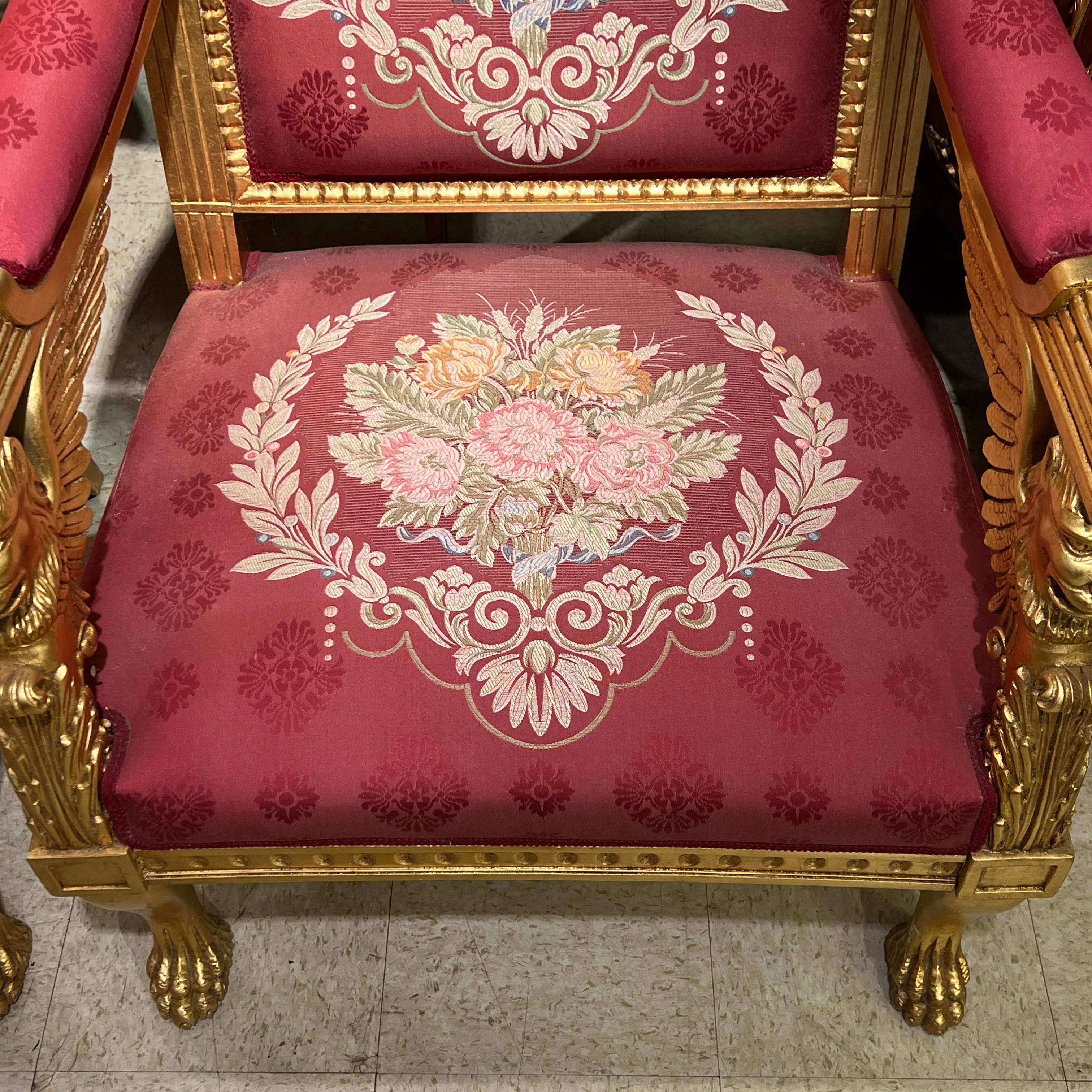 Pair of large Empire style Giltwood Upholstered Armchairs Fauteuils For Sale 13