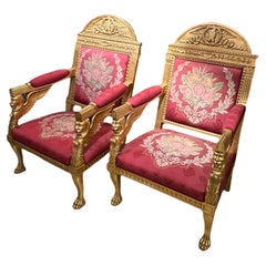 Pair of large Empire style Giltwood Upholstered Armchairs Fauteuils