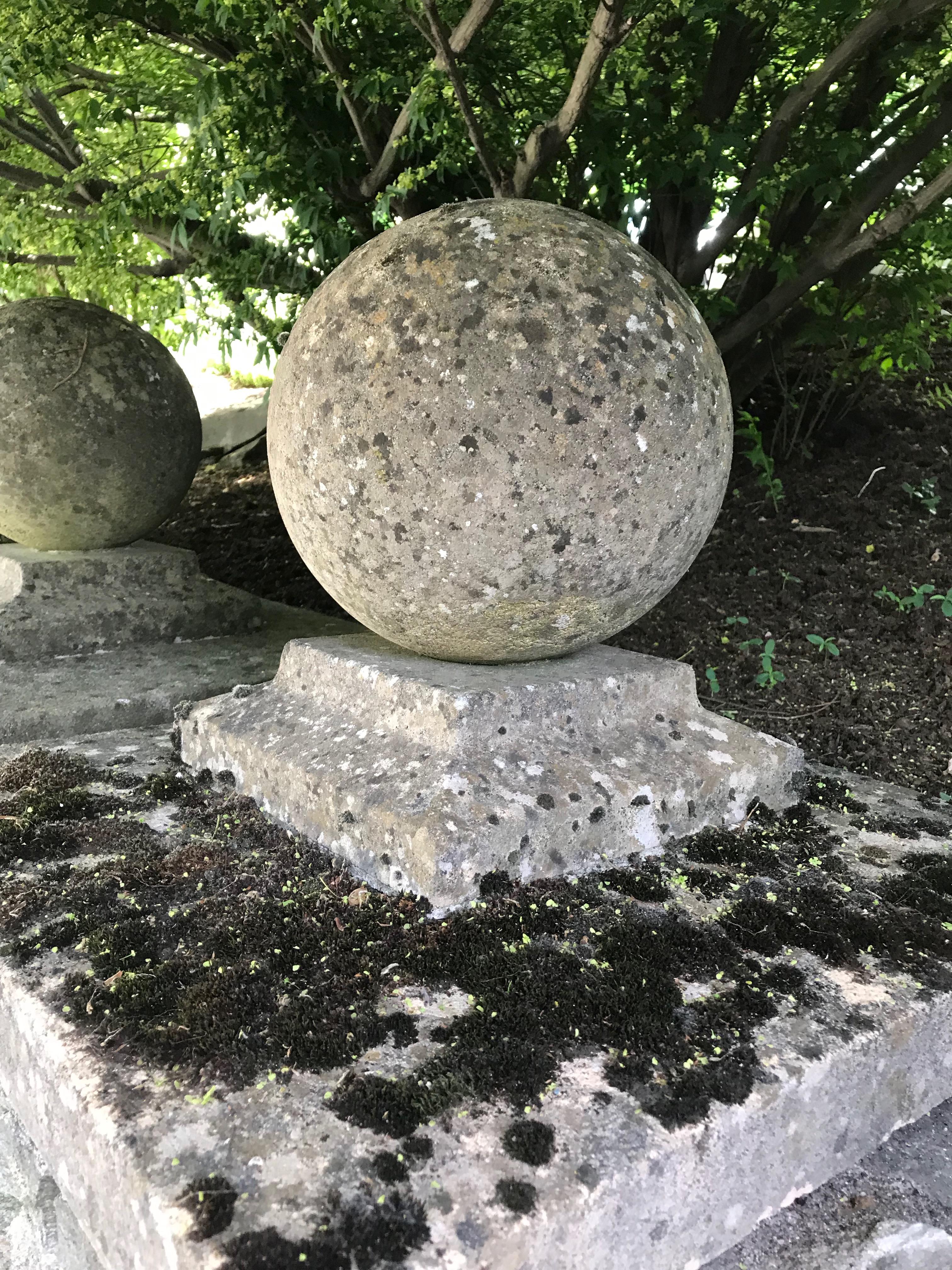 Country Pair of Large English Cast Stone Ball Gate Pier Finials #1