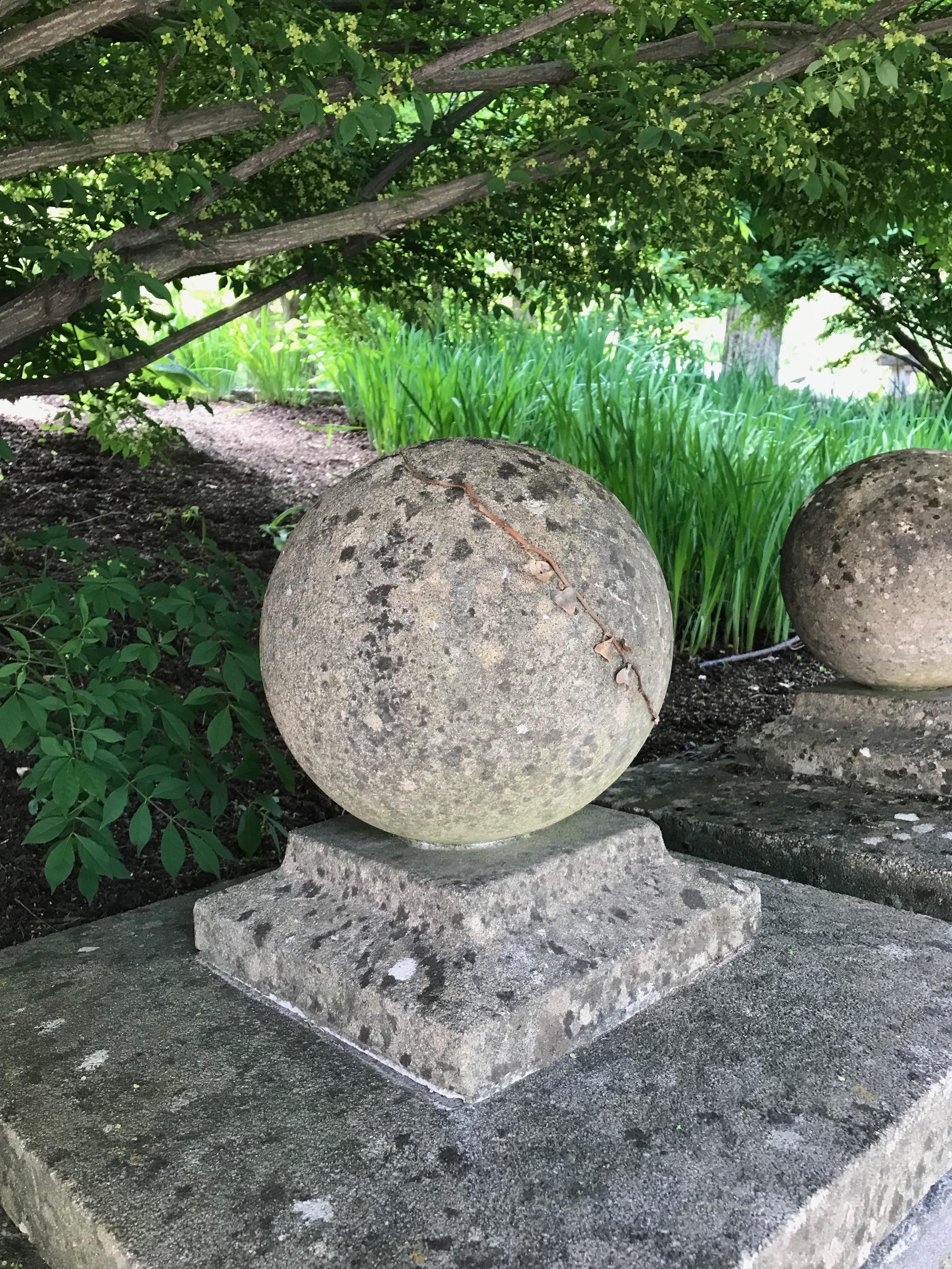 20th Century Pair of Large English Cast Stone Ball Gate Pier Finials #1