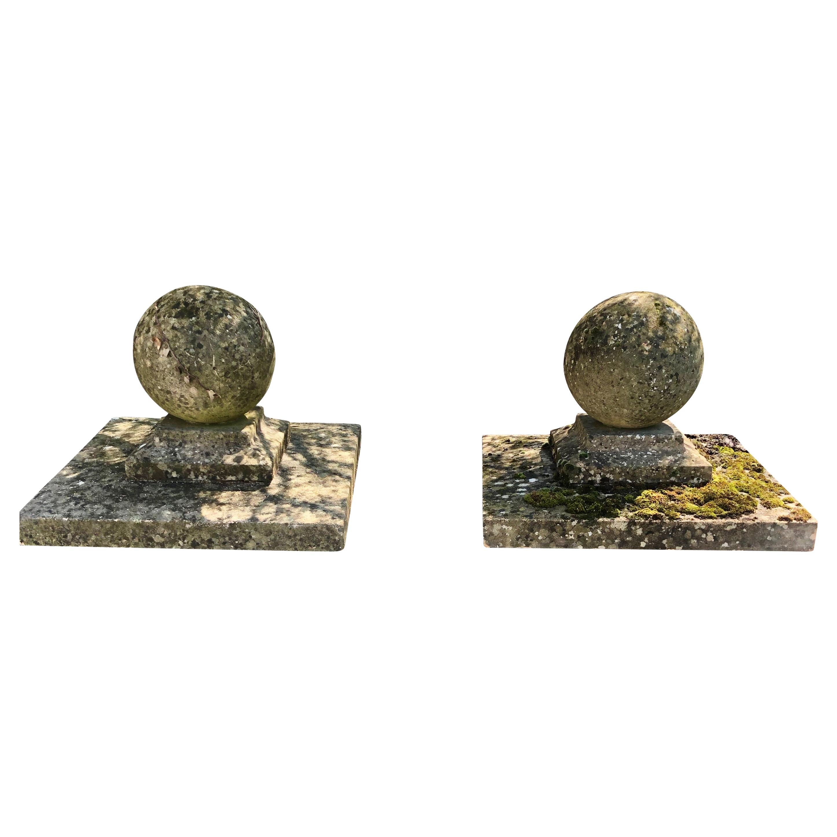 Pair of Large English Cast Stone Ball Gate Pier Finials #1