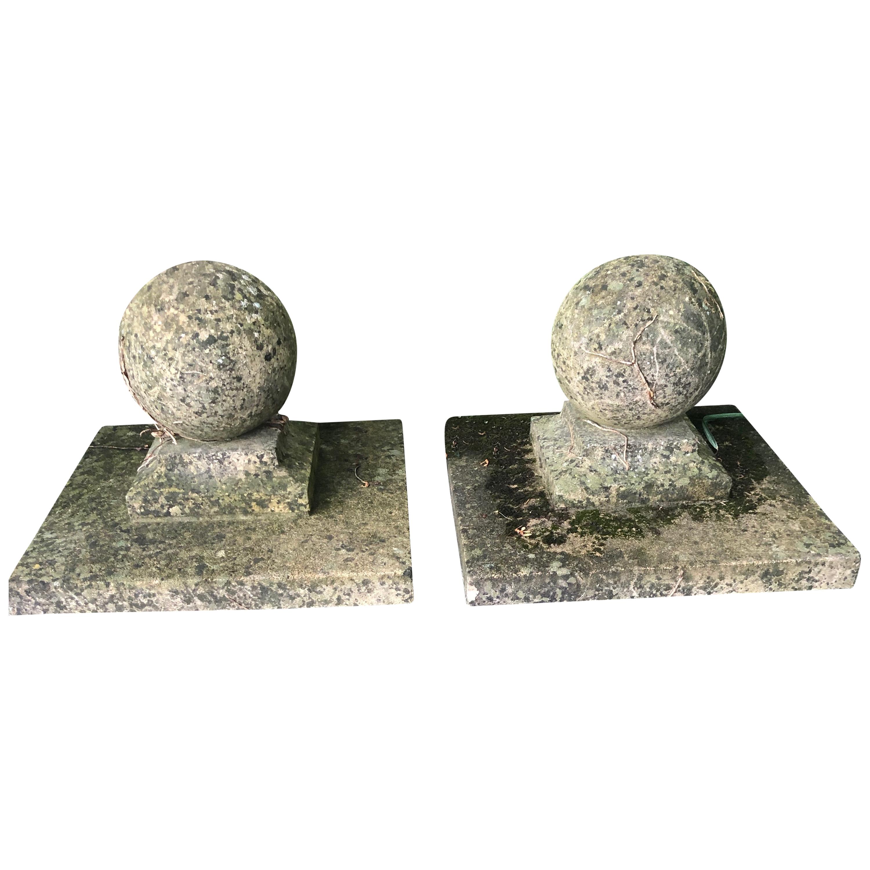 Pair of Large English Cast Stone Ball Gate Pier Finials #2