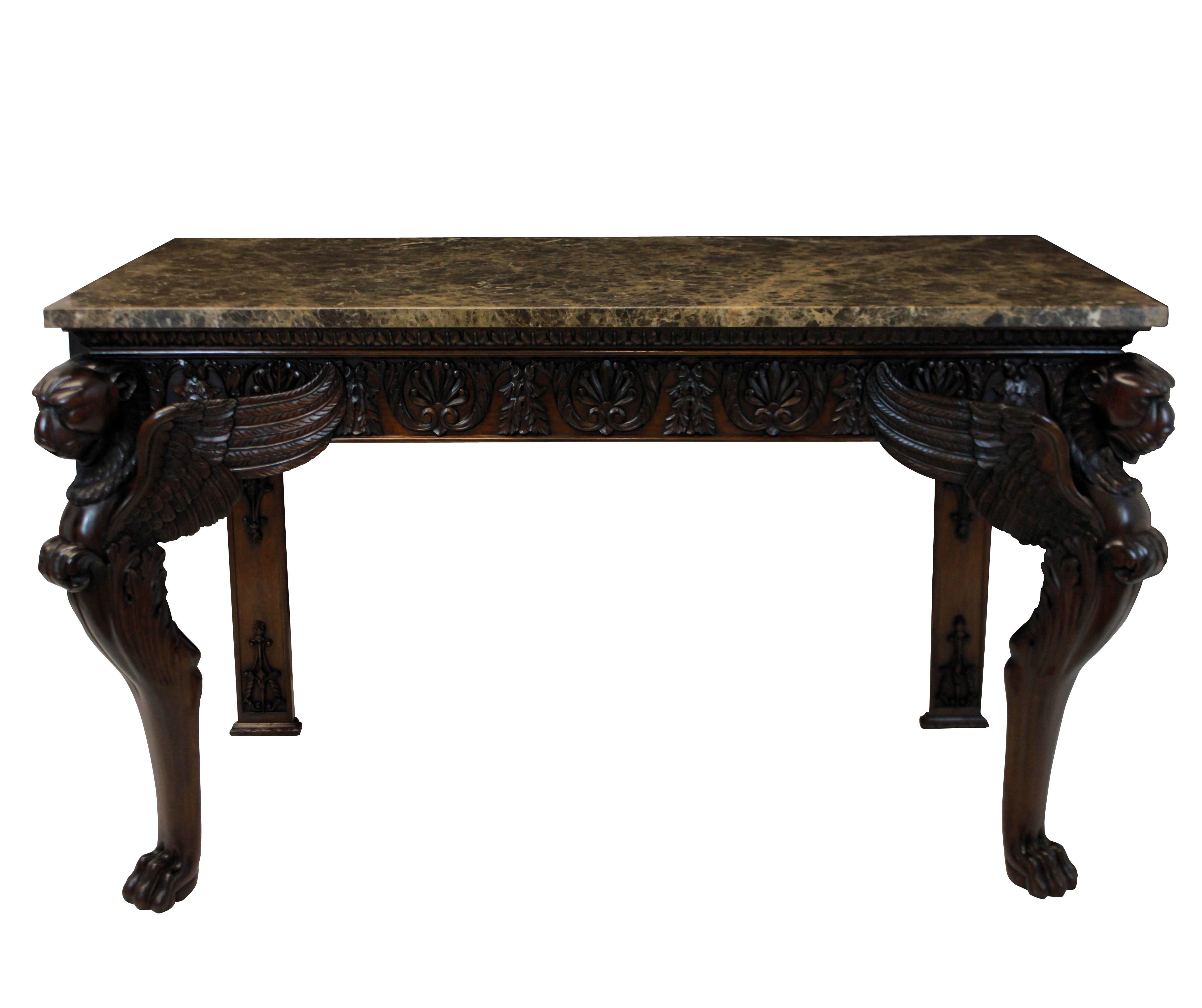 Early 20th Century Pair of Large English Country House Mahogany and Marble Console Tables
