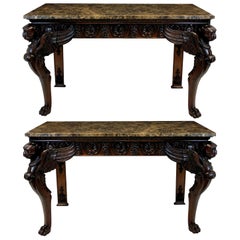 Pair of Large English Country House Mahogany and Marble Console Tables