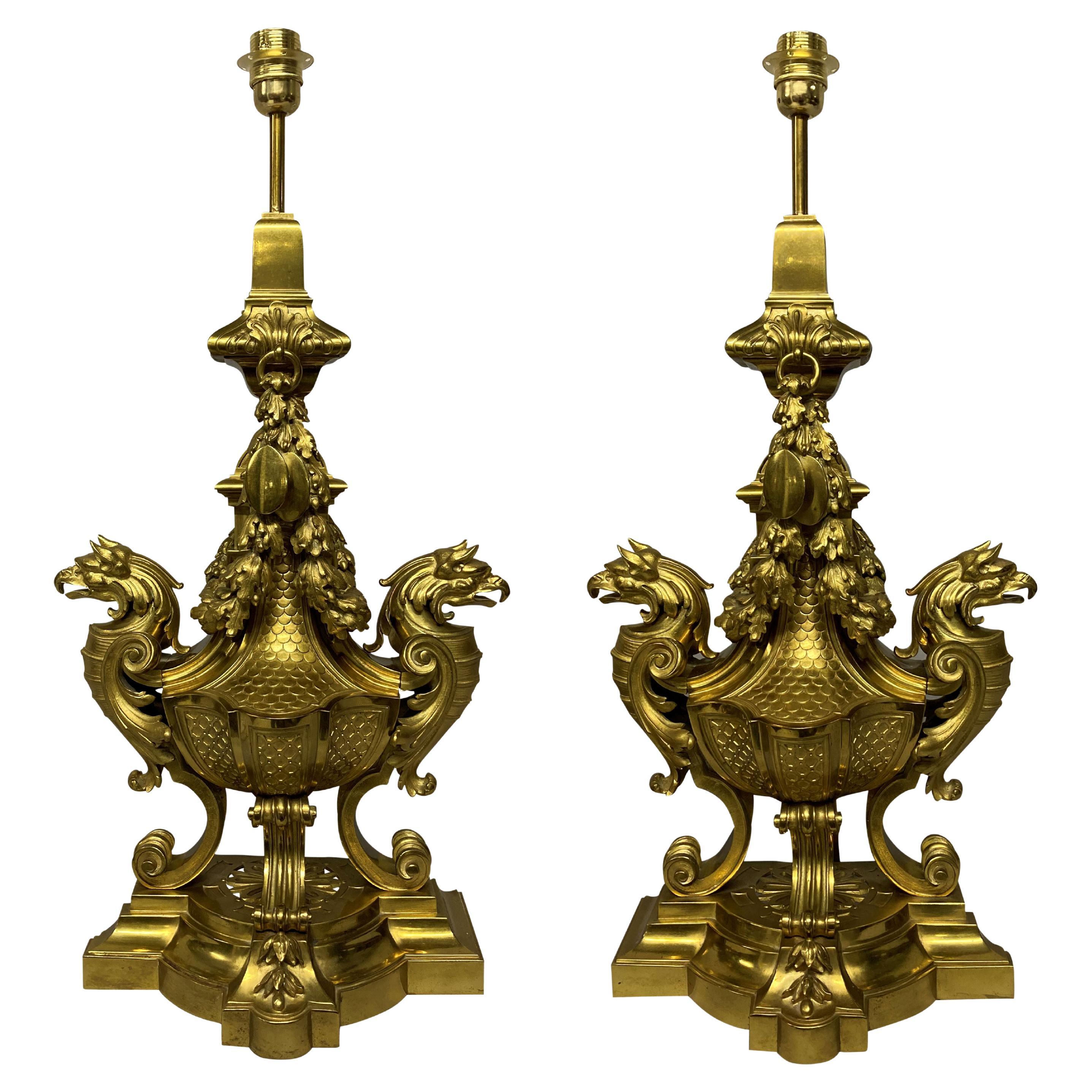 Pair of Large English Gilt Bronze Lamps