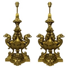 Antique Pair of Large English Gilt Bronze Lamps