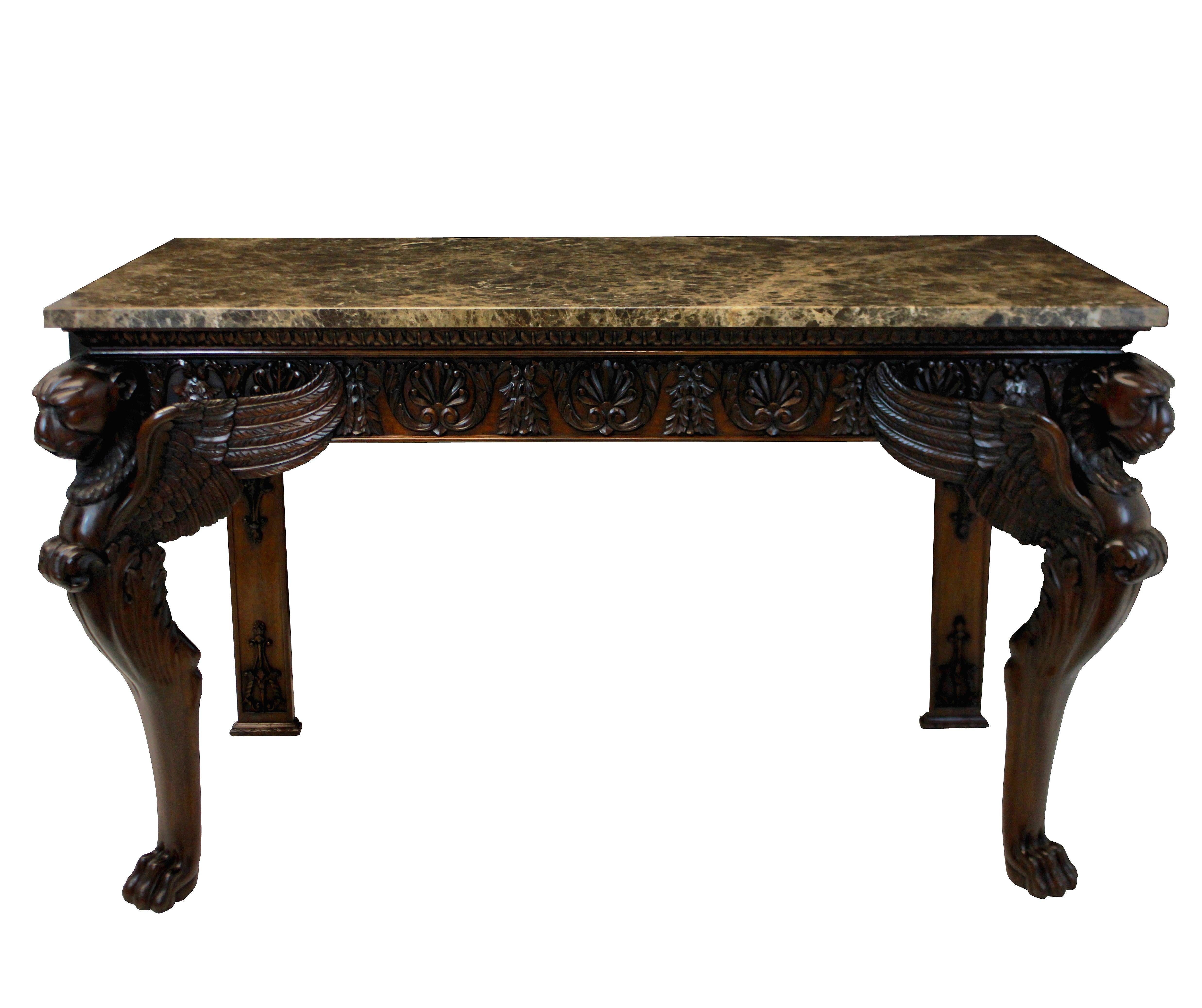 Pair of Large English Mahogany and Marble-Top Adam Revival Console Tables 6