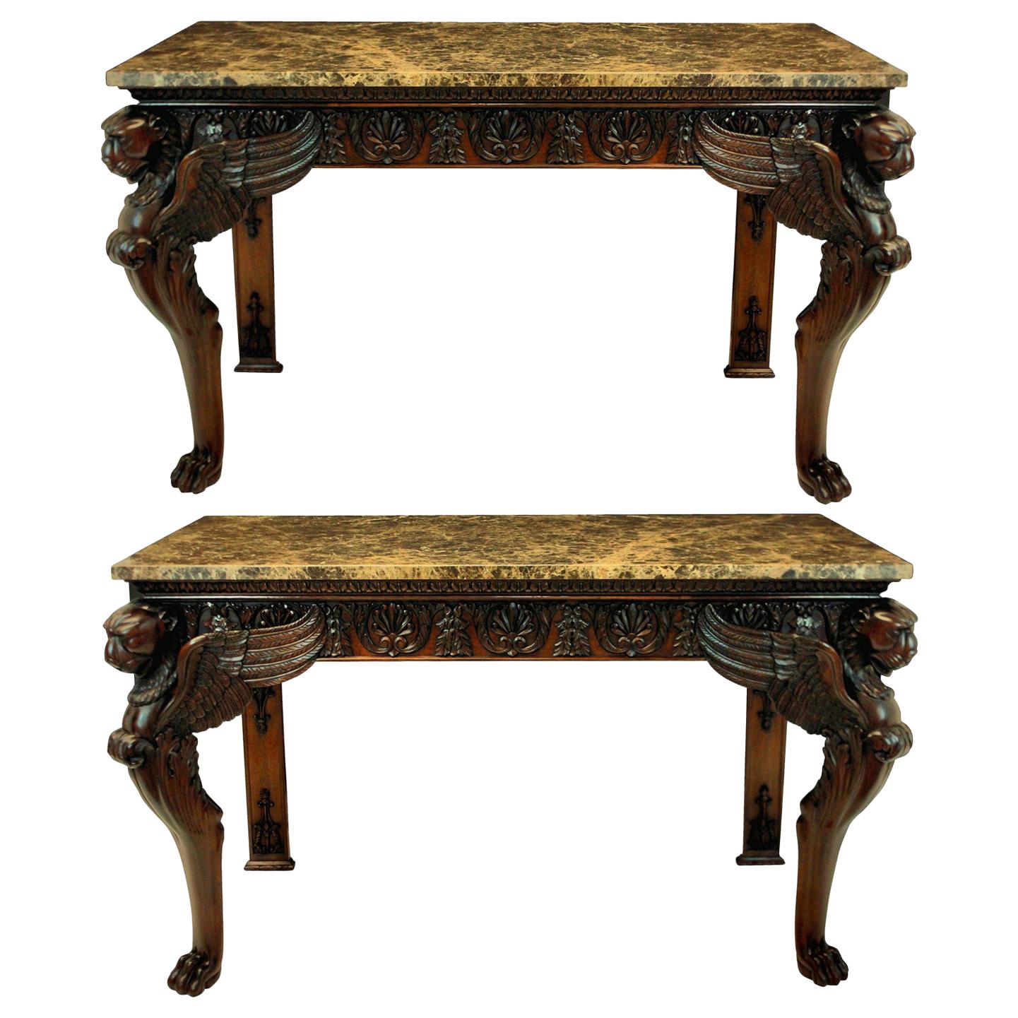 Pair of Large English Mahogany and Marble-Top Adam Revival Console Tables