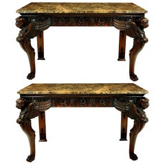 Pair of Large English Mahogany and Marble-Top Adam Revival Console Tables