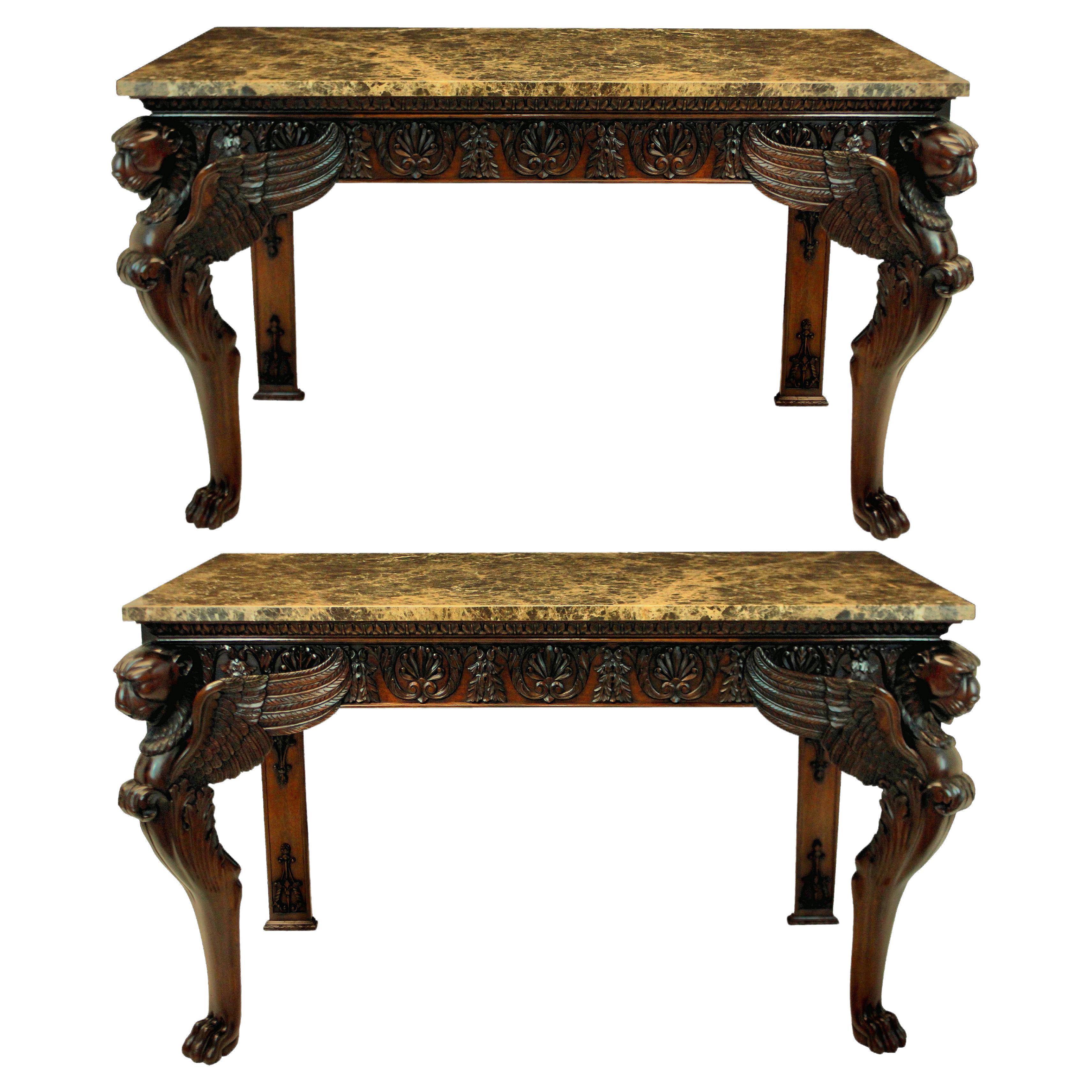 Pair of Large English Mahogany and MarbleTop Adam Revival Console