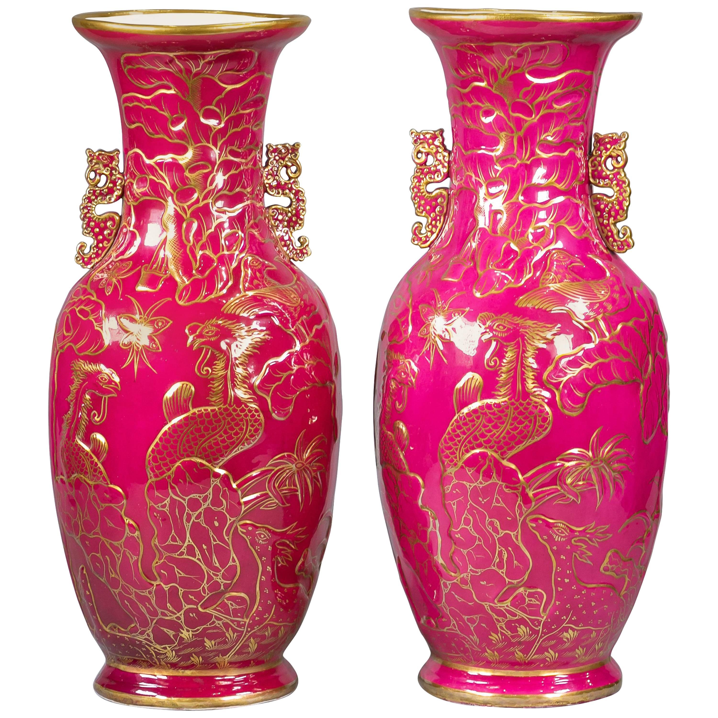Pair of Large English Porcelain Chinoiserie Vases, circa 1860