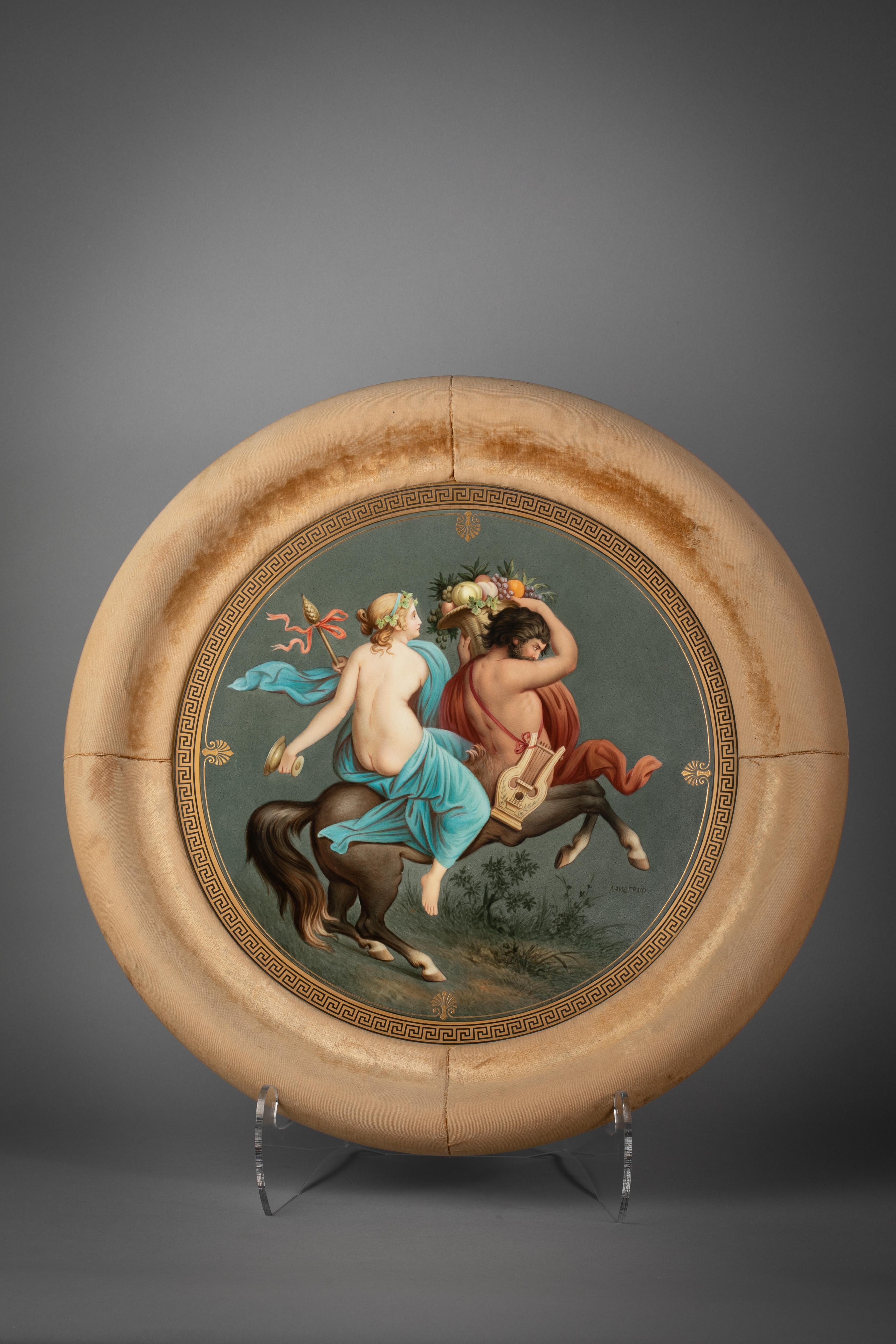 Each charger depicting a not-unwilling maiden being carried off by centaurs. Signed in Greek and Cyrillic by artist G. Landgraf.
As stated in the Royal Crown Derby book regarding the artist, 