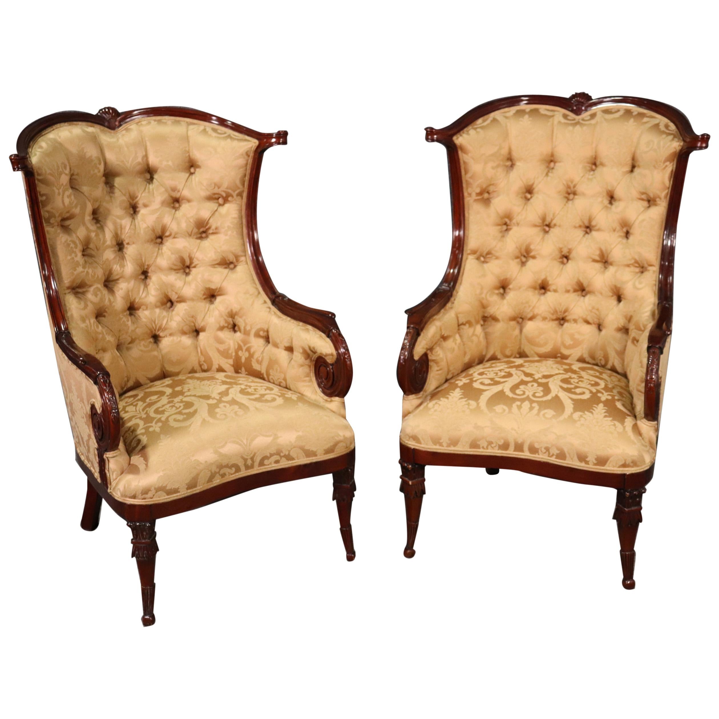 Pair of Large English Regency Style Carved Mahogany Fireside Wing Chairs
