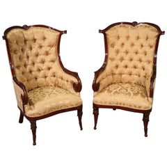 Pair of Large English Regency Style Carved Mahogany Fireside Wing Chairs