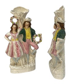 Pair Of Large English Staffordshire Flatback Vases