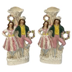 Pair Of Large English Staffordshire Flatback Vases
