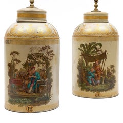 Pair of Large English Tole Tea Canister Lamps With Chinoiserie Decoration