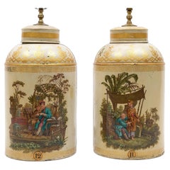 Pair of Large English Tole Tea Canister Lamps With Chinoiserie Decoration