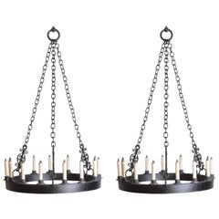 Used Pair of Large English Wrought Iron 15-Light Chandeliers, circa 1910
