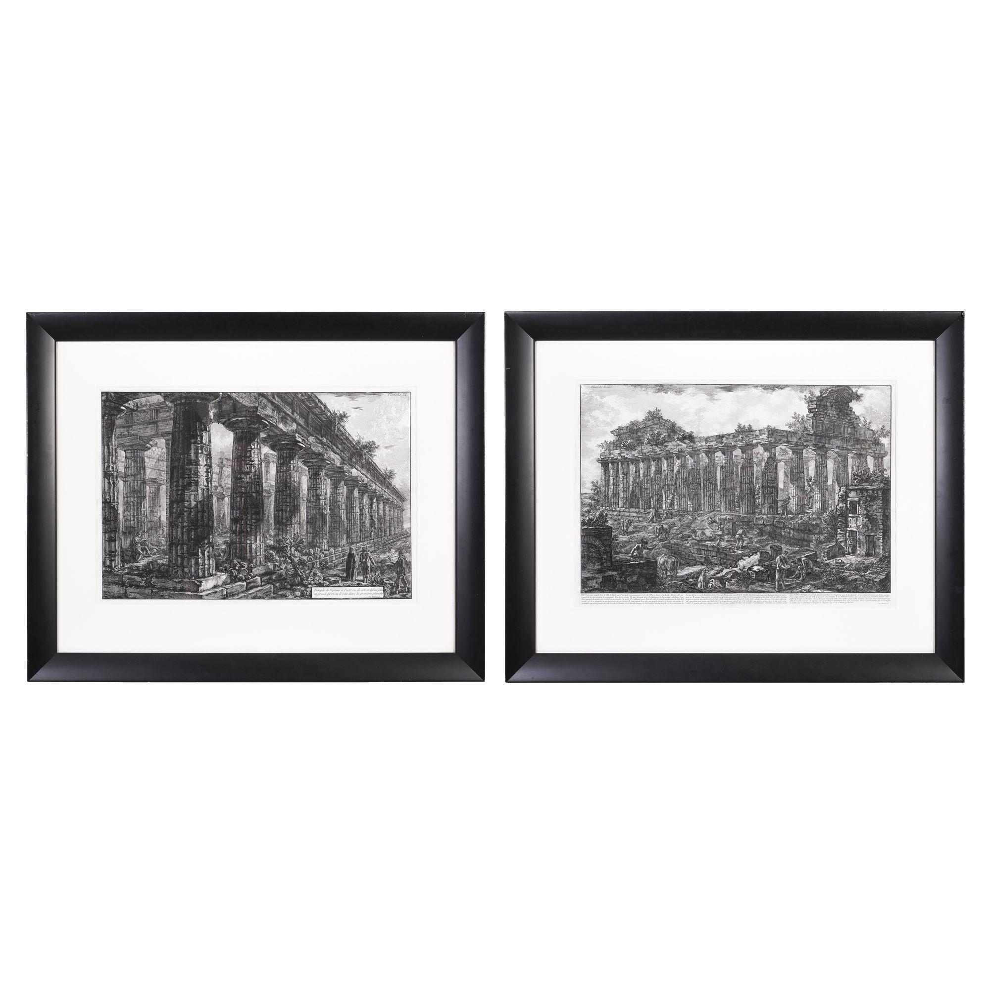 Coppia di incisioni su rame di Piranesi stampate su carta a mano. Le vedute sono del complesso di templi greci di Paestum, in Italia, e queste opere sono state l'ultima serie completata prima della sua morte. Piranesi fu un prodotto di talento