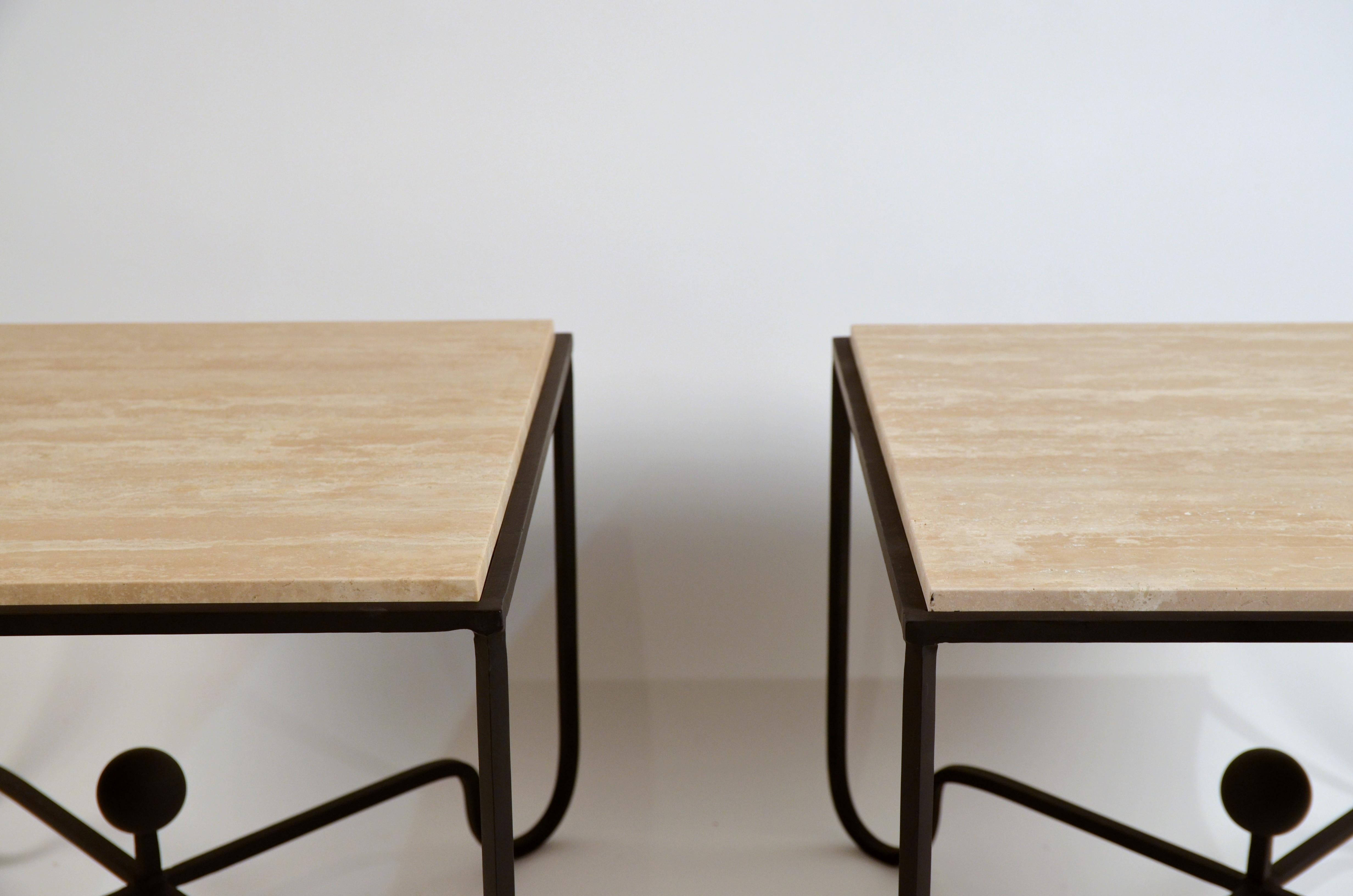 Modern Pair of Large 'Entretoise' Cream Travertine Side Tables by Design Freres For Sale