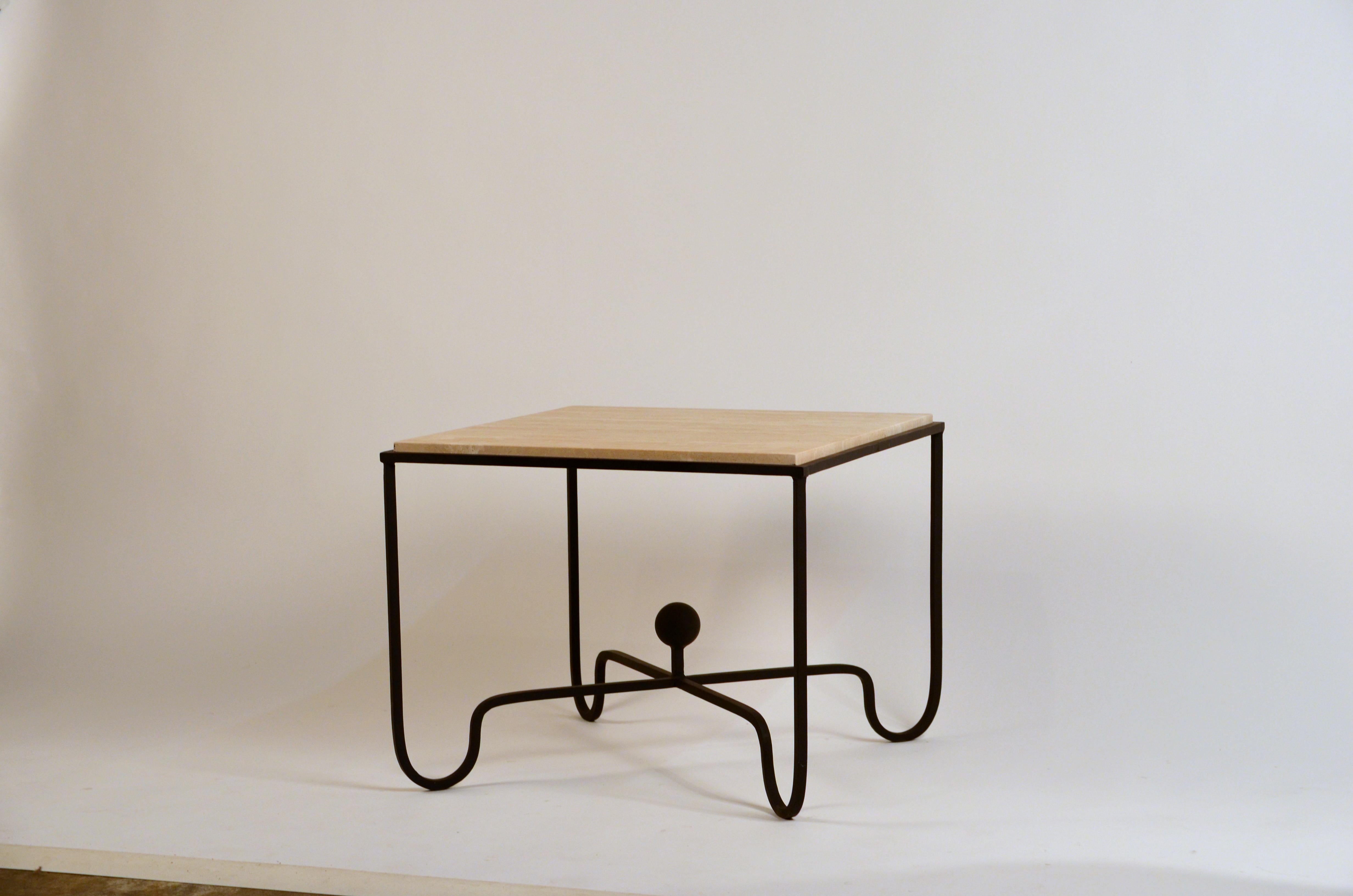 Powder-Coated Pair of Large 'Entretoise' Cream Travertine Side Tables by Design Freres For Sale