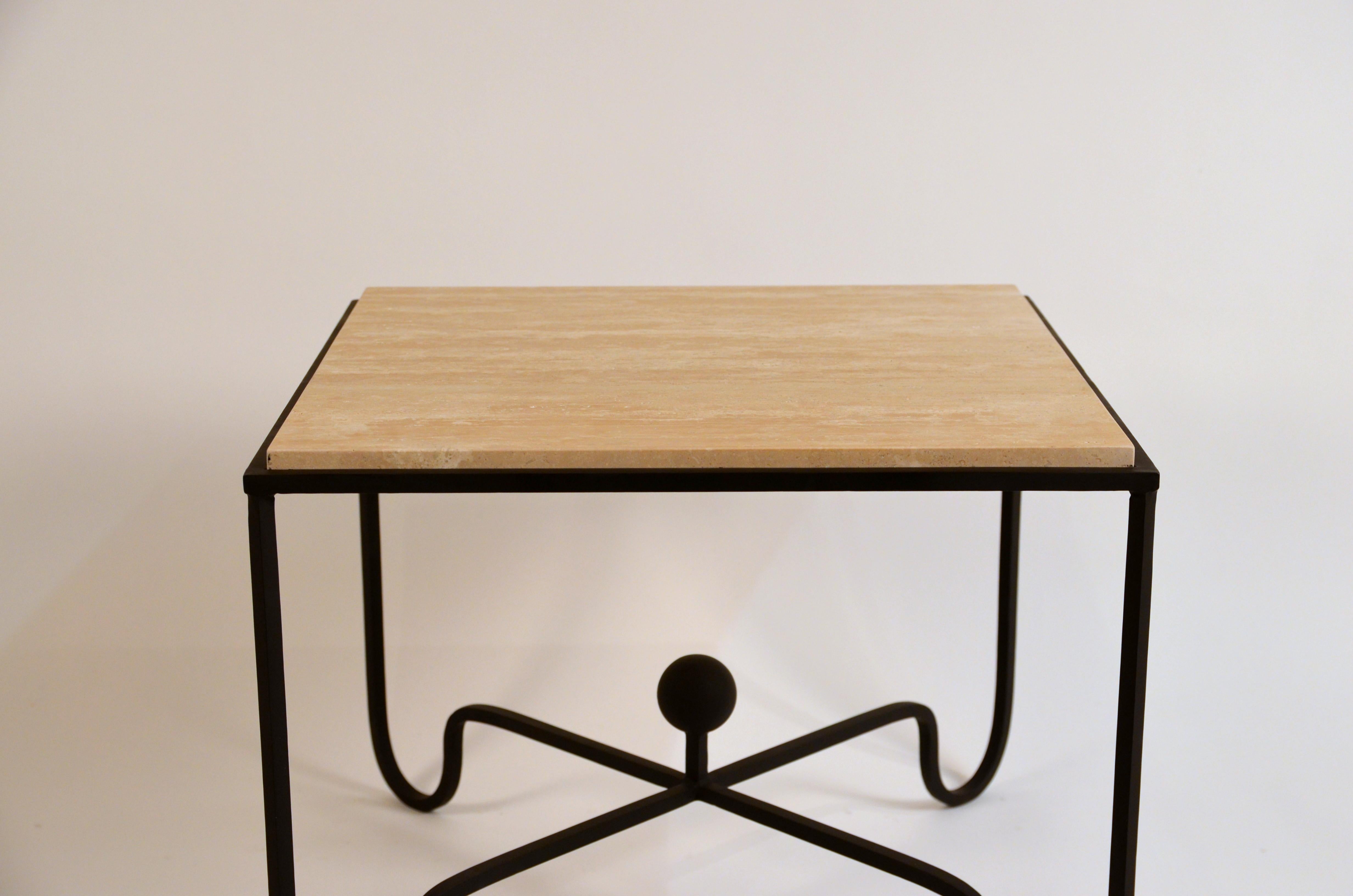Powder-Coated Pair of Large 'Entretoise' Cream Travertine Side Tables by Design Freres For Sale