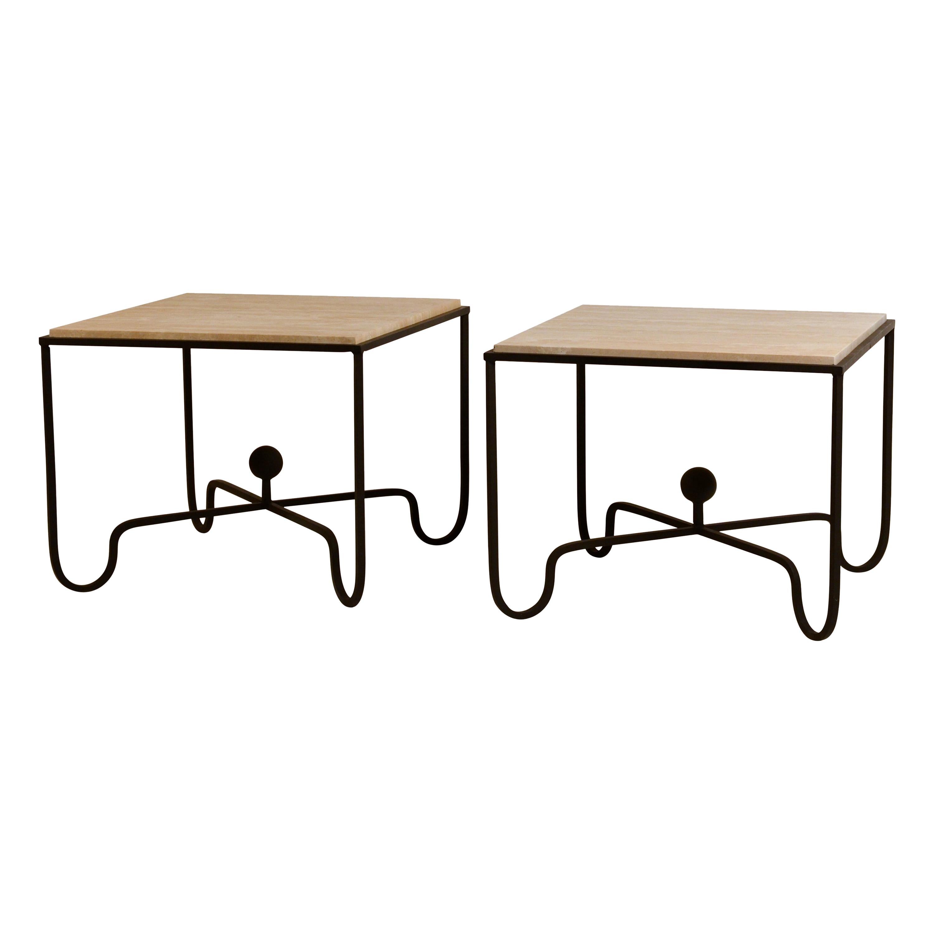 Pair of Large 'Entretoise' Cream Travertine Side Tables by Design Freres For Sale