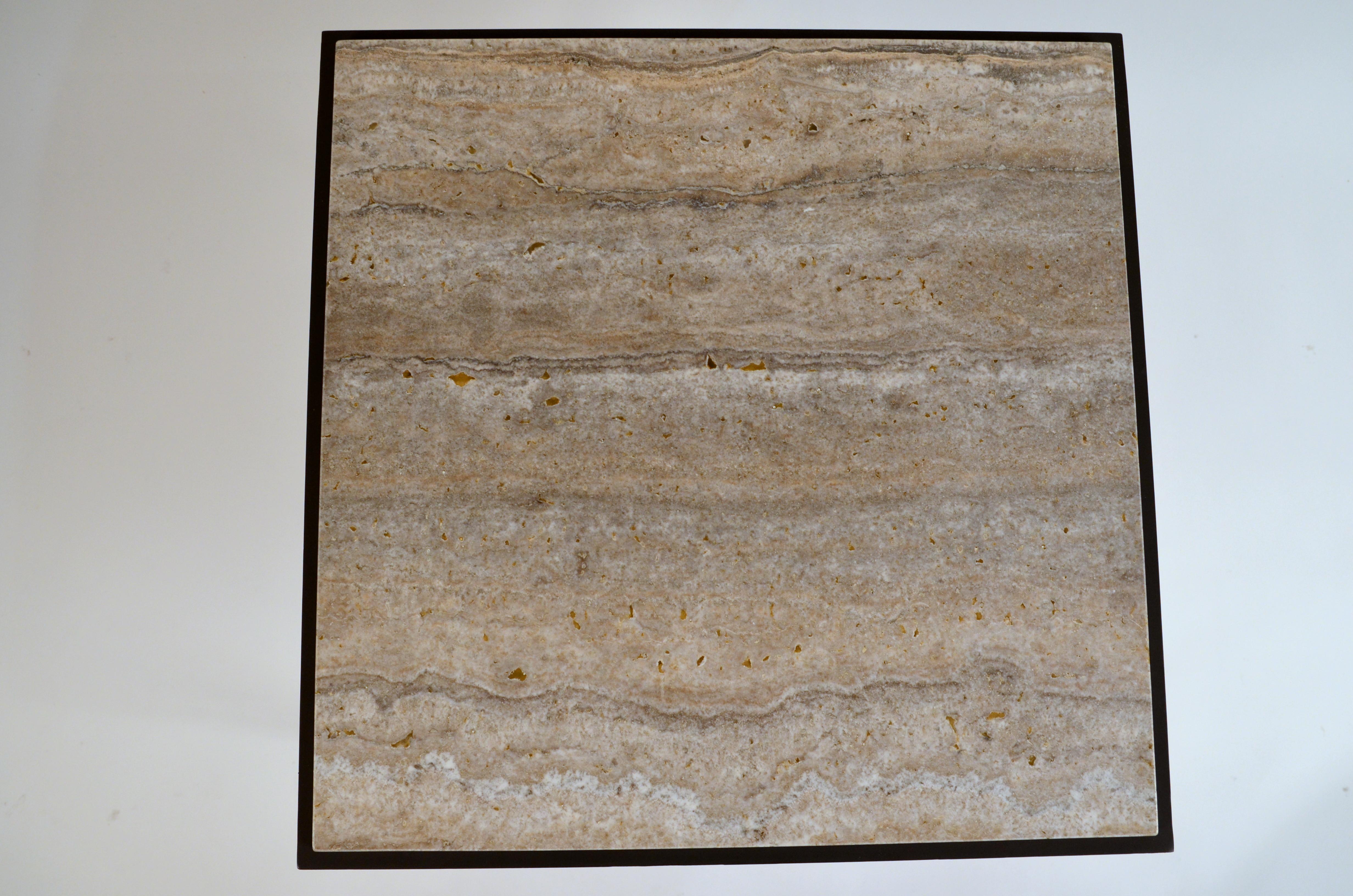 Contemporary Pair of Large 'Entretoise' Silver Travertine Side Tables by Design Frères For Sale