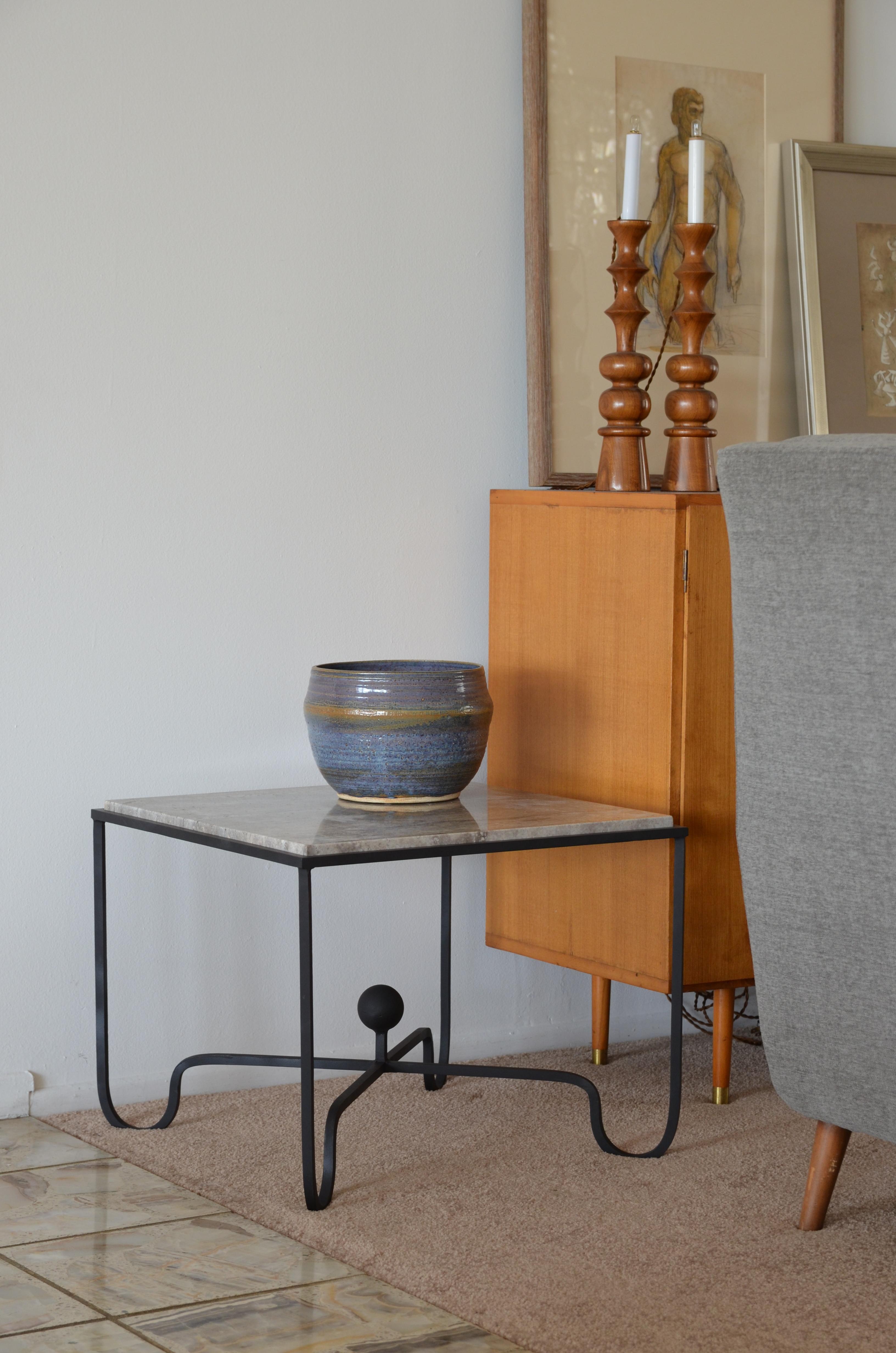 Wrought Iron Pair of Large 'Entretoise' Silver Travertine Side Tables by Design Frères For Sale