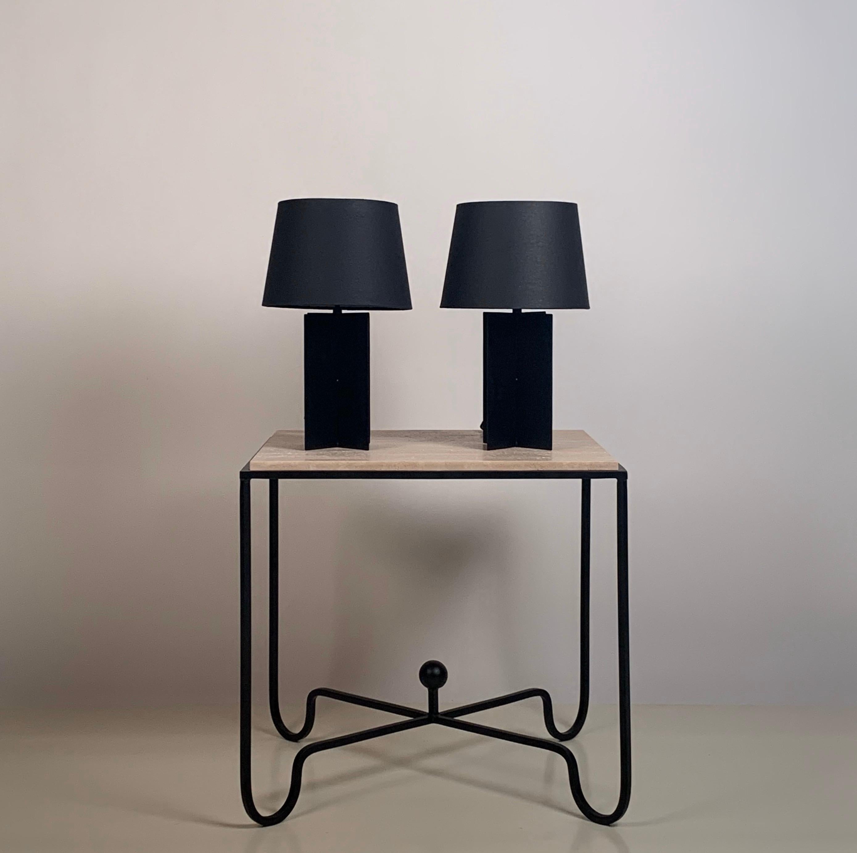 Iron Pair of Large ‘Entretoise’ Travertine Side Tables / Nightstands by Design Frères For Sale
