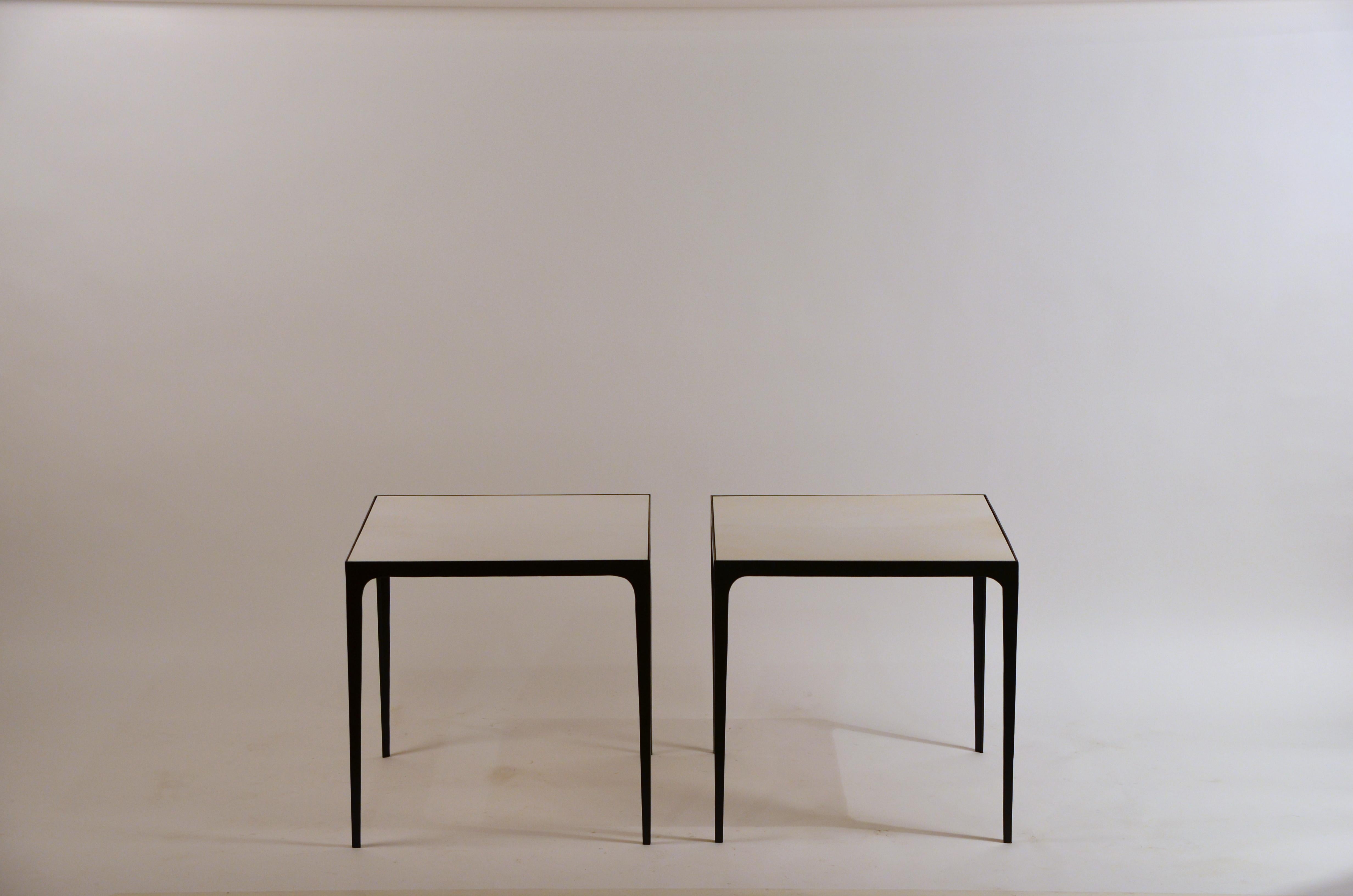 Art Deco Pair of Large 'Esquisse' Wrought Iron and Parchment Side Tables by Design Frères For Sale